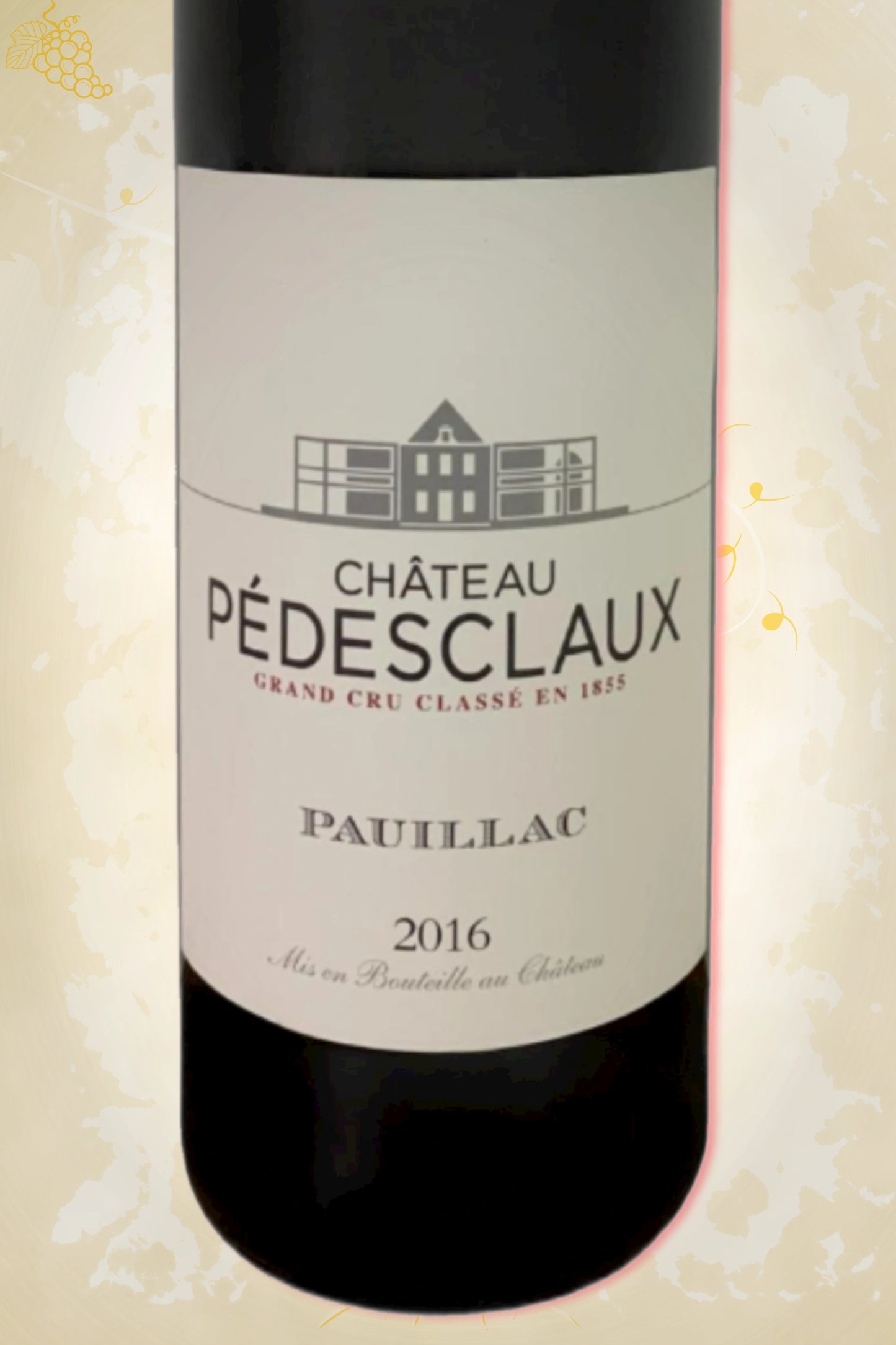 Close-up label Château Pédesclaux Magnum 2016 – logo en vintage details duidelijk zichtbaar