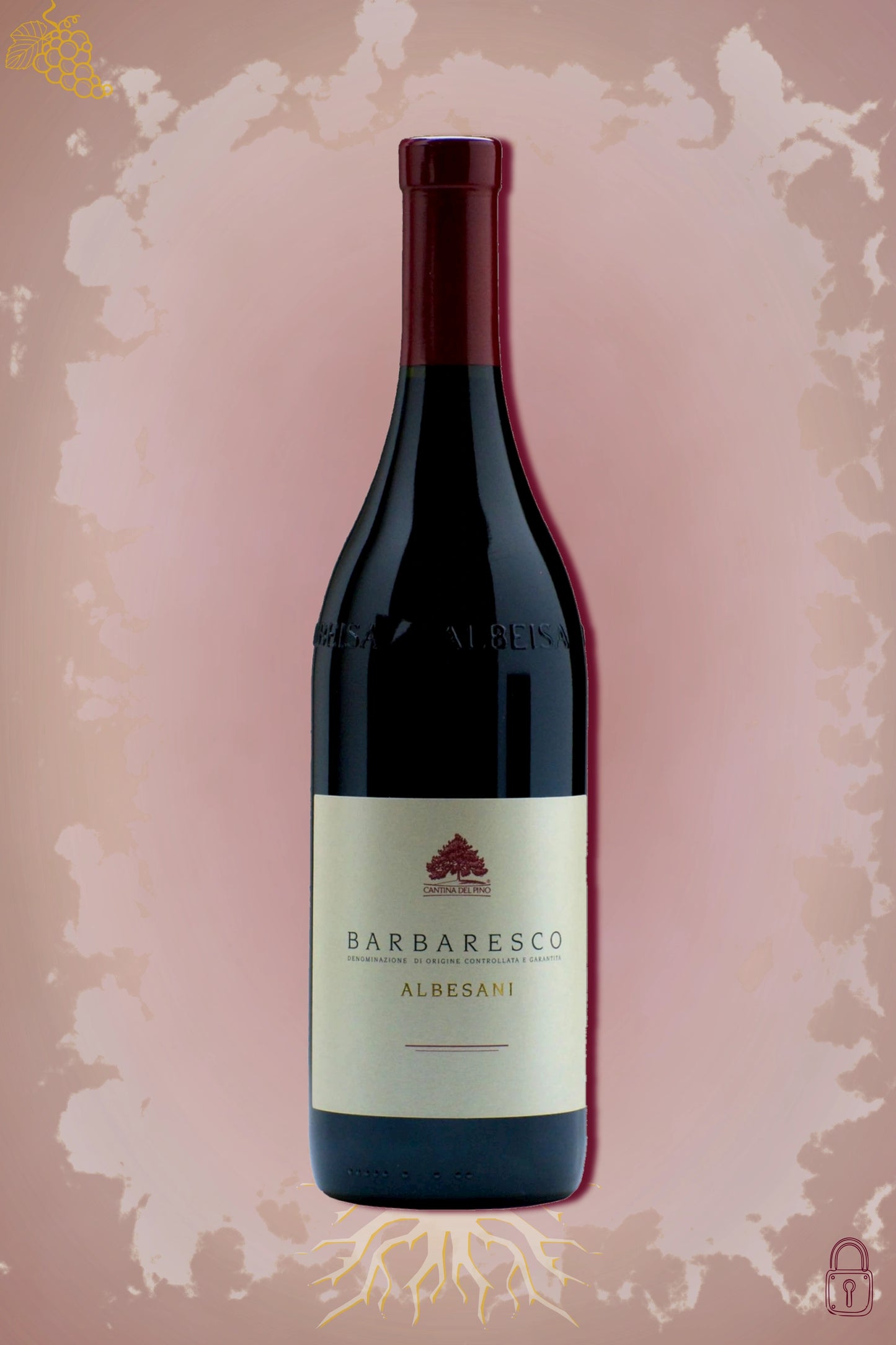Cantina del Pino Barbaresco Albesani 2018 tegen bordeaux achtergrond – premium rode wijn