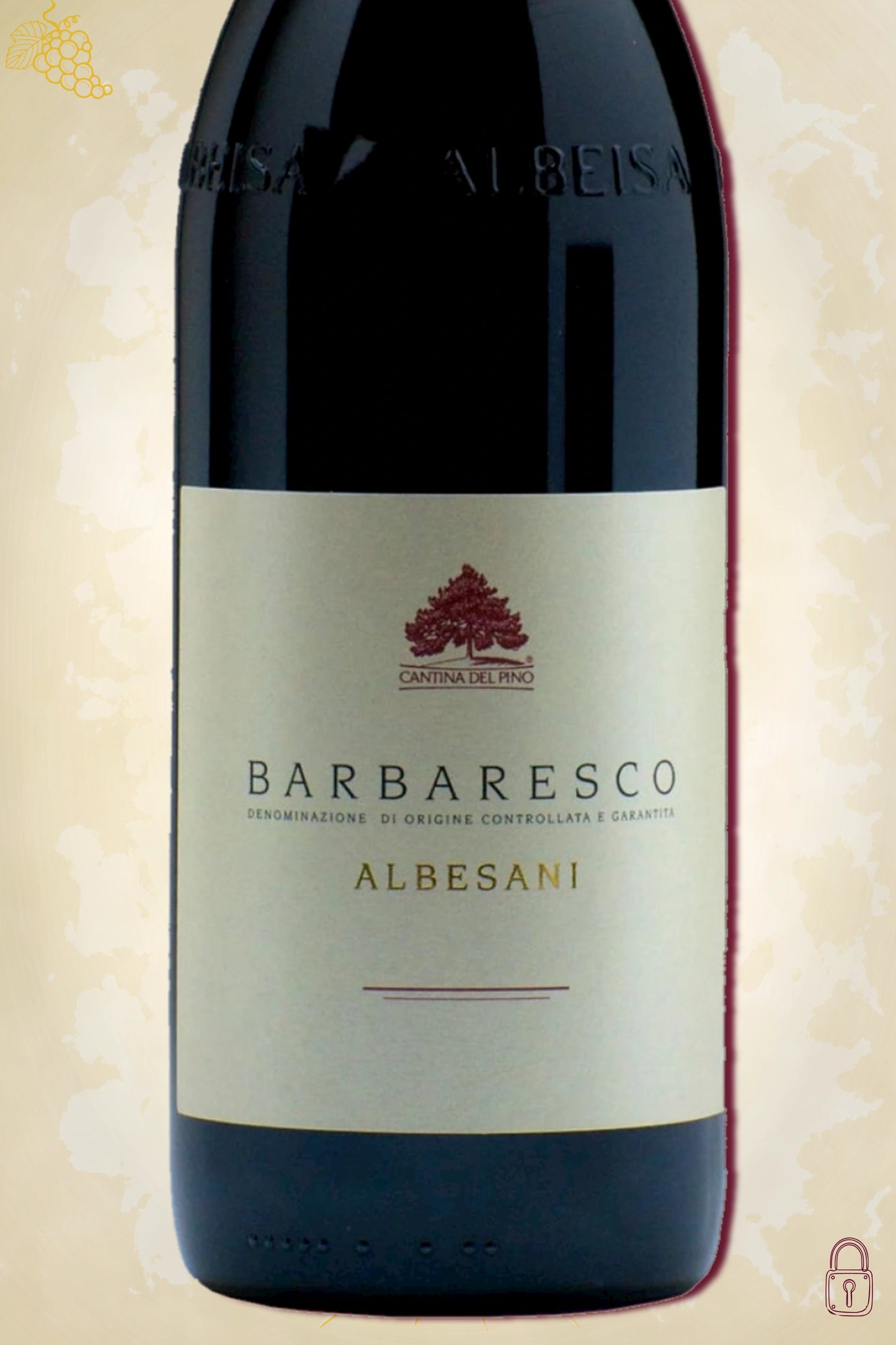 Close-up label Cantina del Pino Barbaresco Albesani 2018 – cru en vintage details zichtbaar