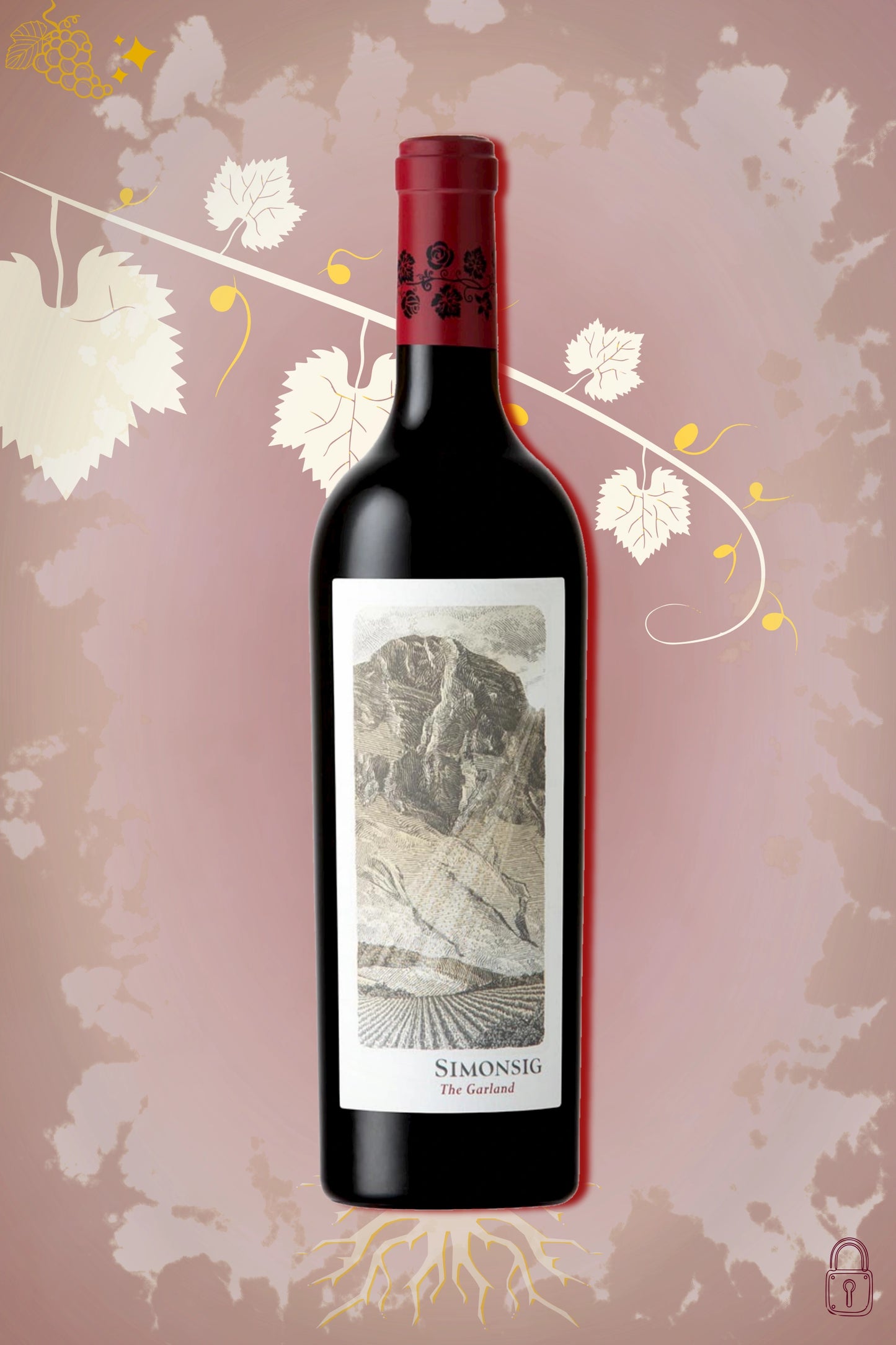 Simonsig The Garland 2015 op bordeaux achtergrond – premium rode blend