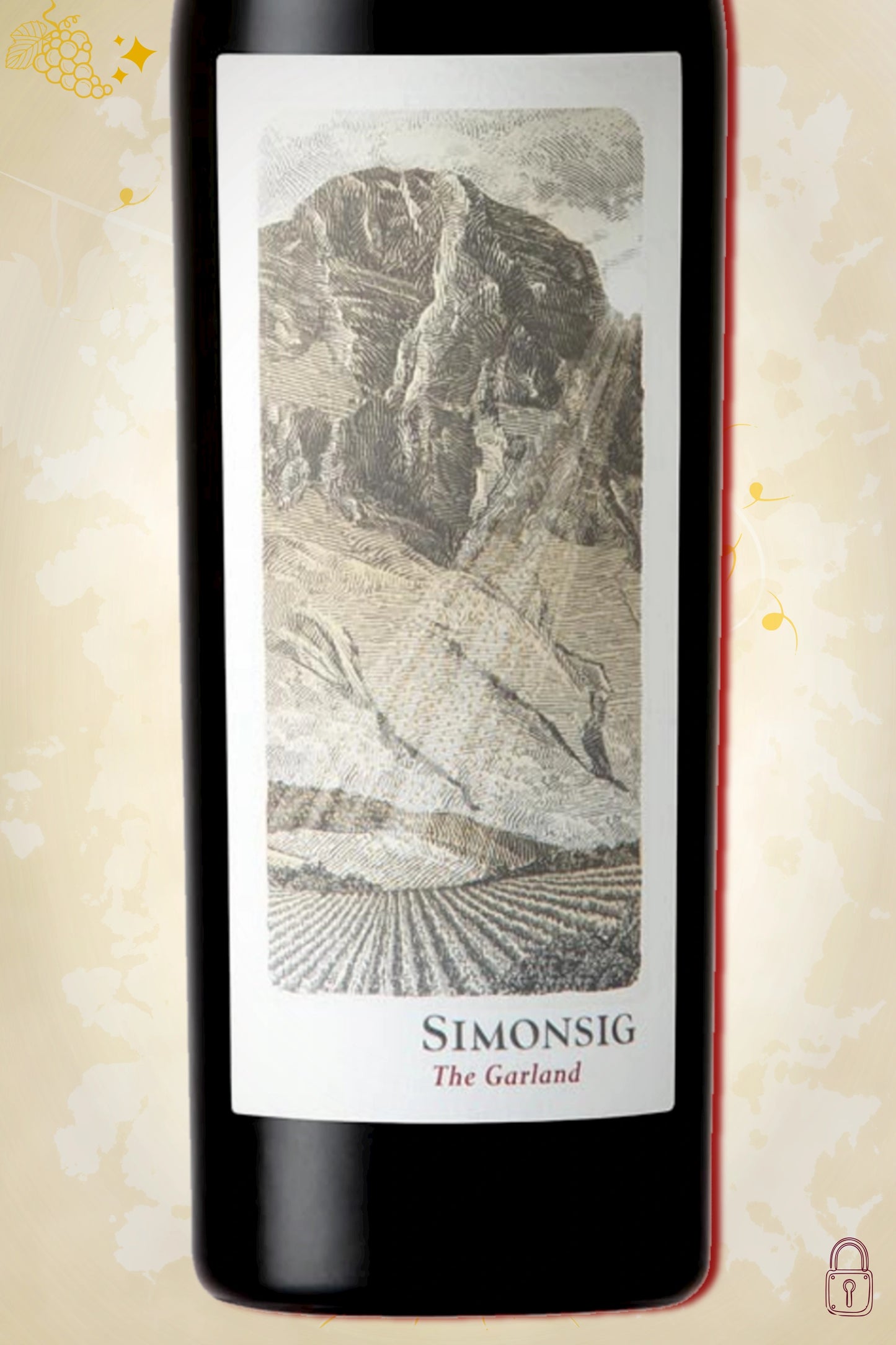 Close-up label Simonsig The Garland 2015 – wijnhuisdetails zichtbaar