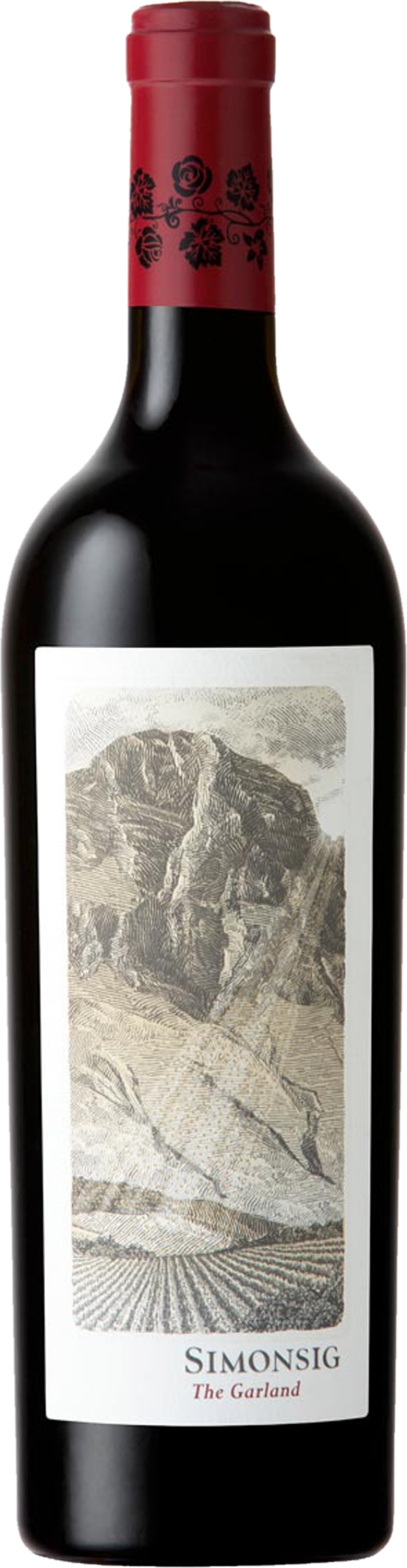 Simonsig The Garland 2015 op bordeaux achtergrond – premium rode blend