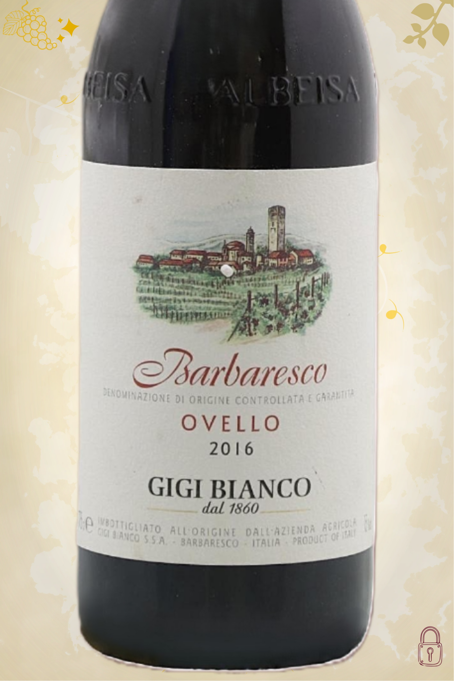 Close-up label Barbaresco Ovello Riserva 2016 – Gigi Bianco details zichtbaar