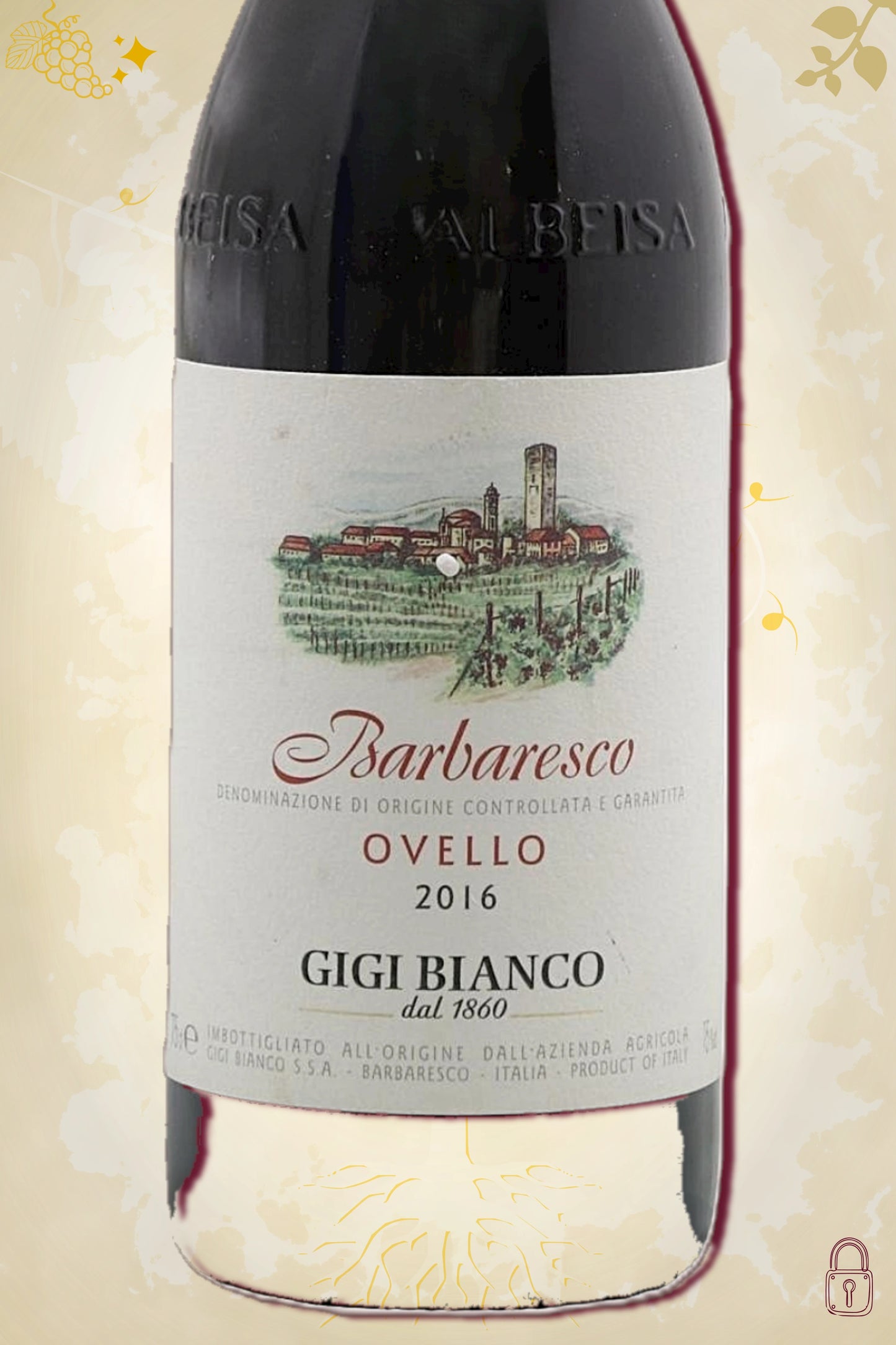 Close-up label Barbaresco Ovello Riserva 2016 – Gigi Bianco details zichtbaar