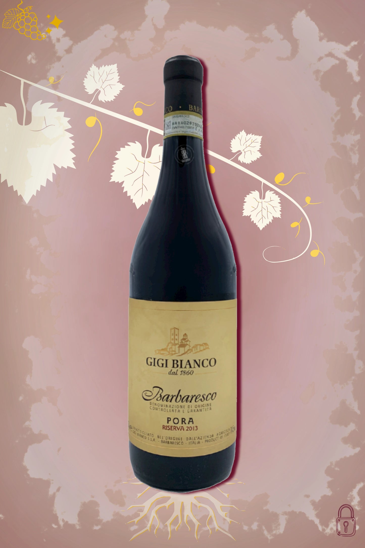 Gigi Bianco Barbaresco Pora Riserva 2013 tegen bordeaux achtergrond – premium rode wijn