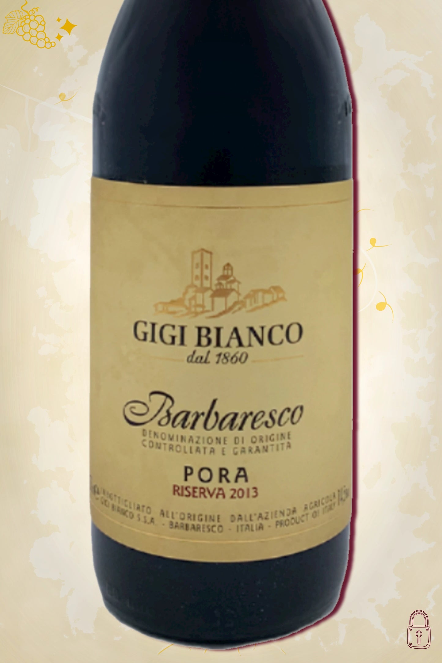 Close-up label Gigi Bianco Barbaresco Pora Riserva 2013 – vintage en logo zichtbaar
