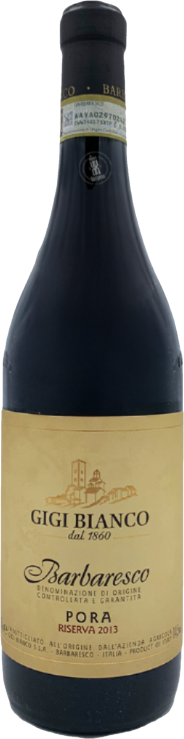 Gigi Bianco Barbaresco Pora Riserva 2013 tegen bordeaux achtergrond – premium rode wijn