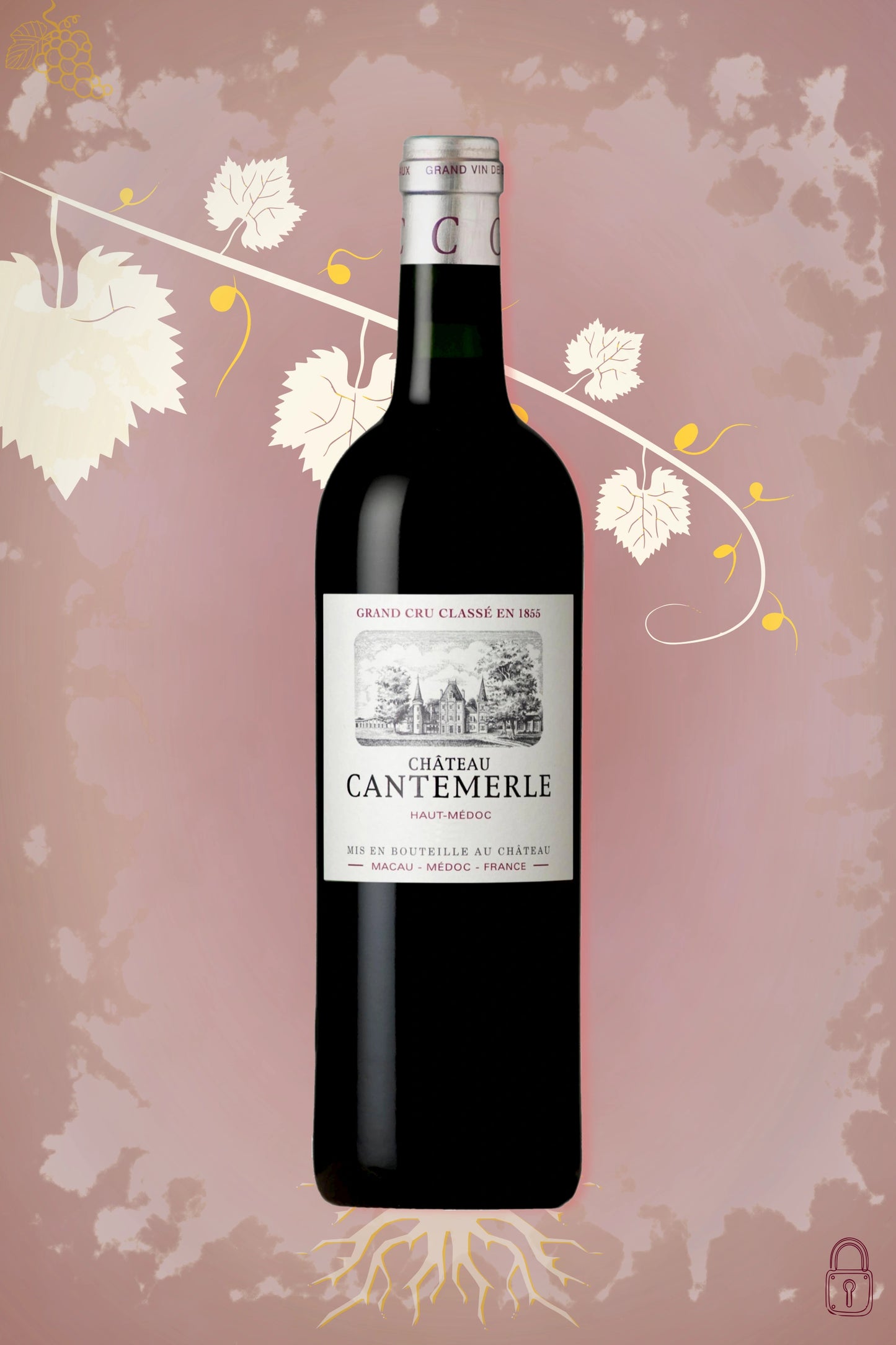 Fles Château Cantemerle Haut-Médoc Grand Cru Classé 2022 uit Bordeaux tegen donkere achtergrond.