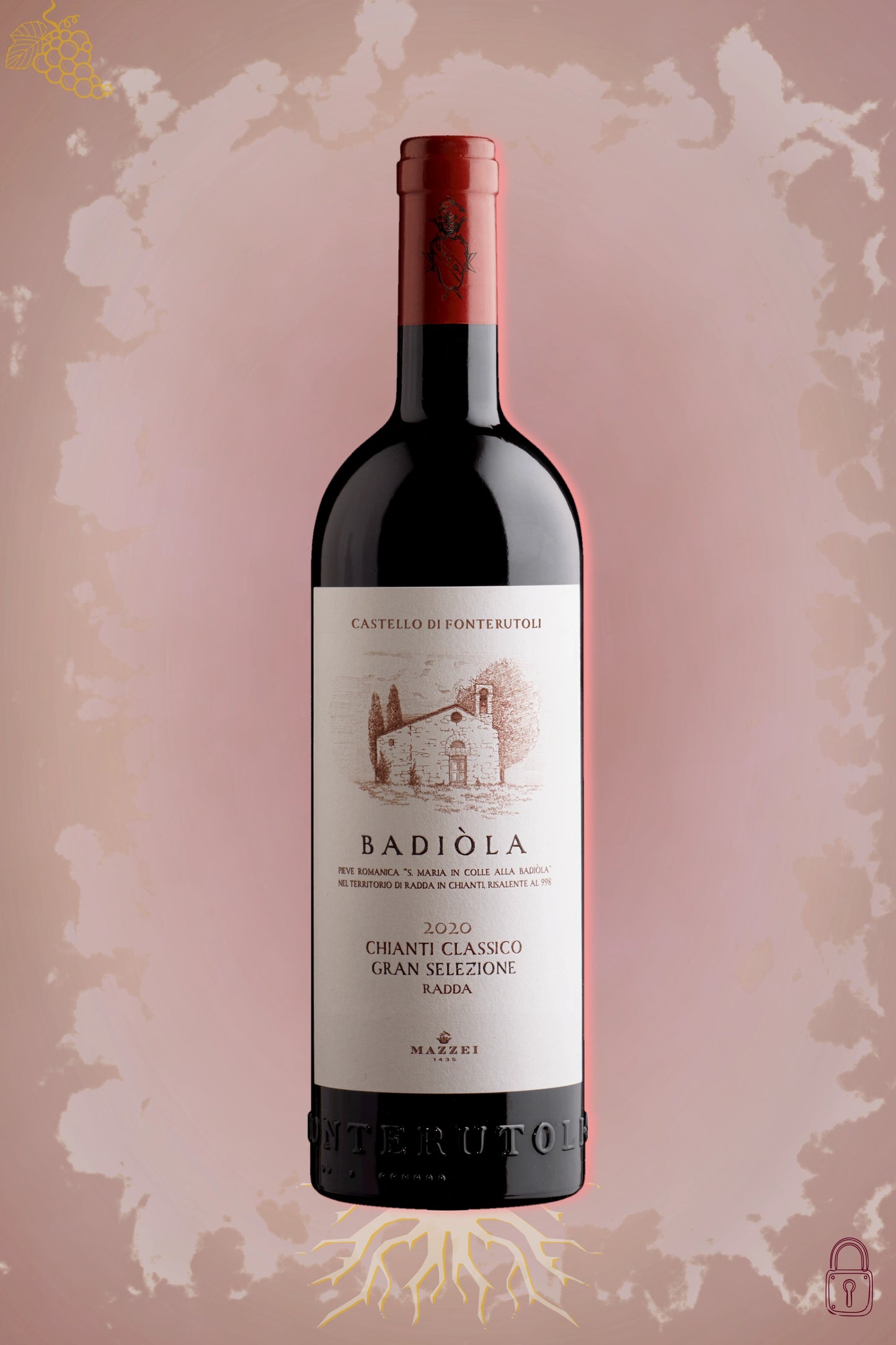 Marchesi Mazzei Badiòla 2020 tegen bordeaux achtergrond – premium rode wijn