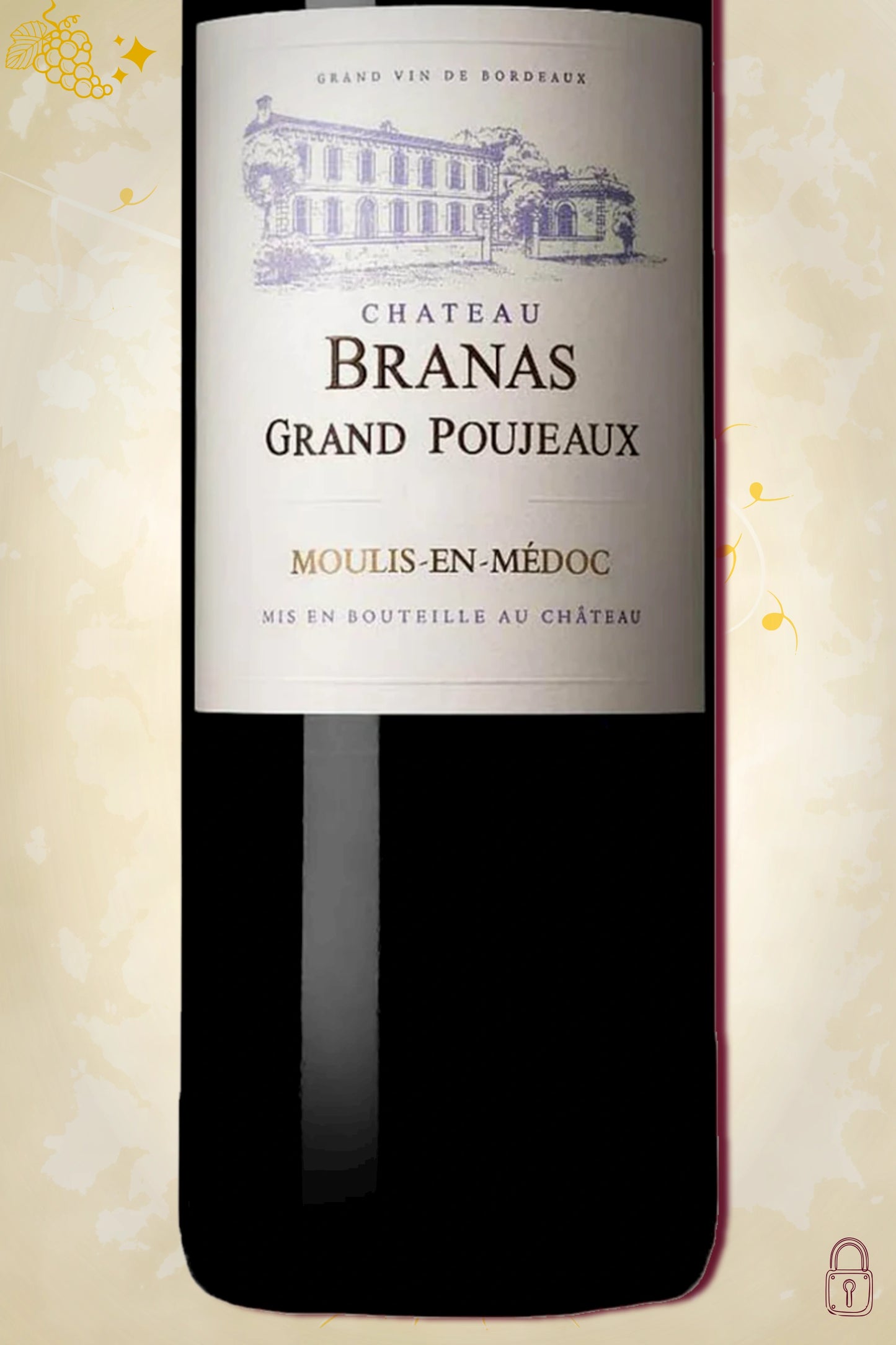 Close-up label Château Branas Grand Poujeaux 2010 – producent en vintage details zichtbaar