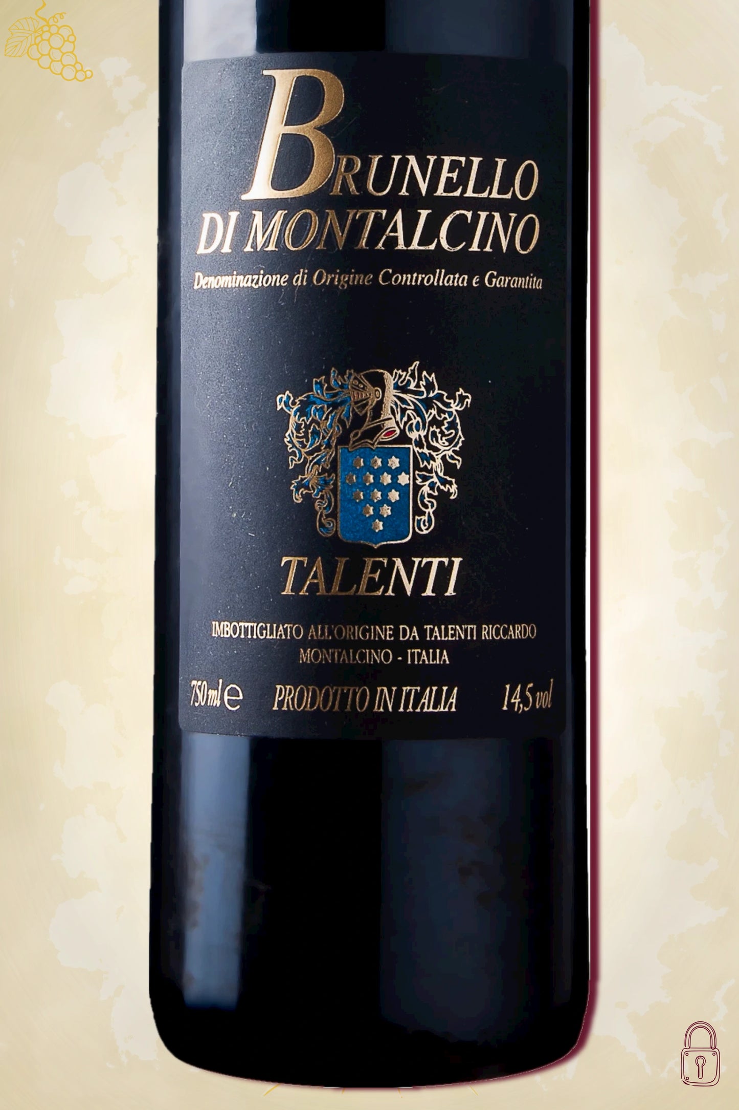 Close-up label Talenti Brunello di Montalcino 2018 – logo en vintage details zichtbaar