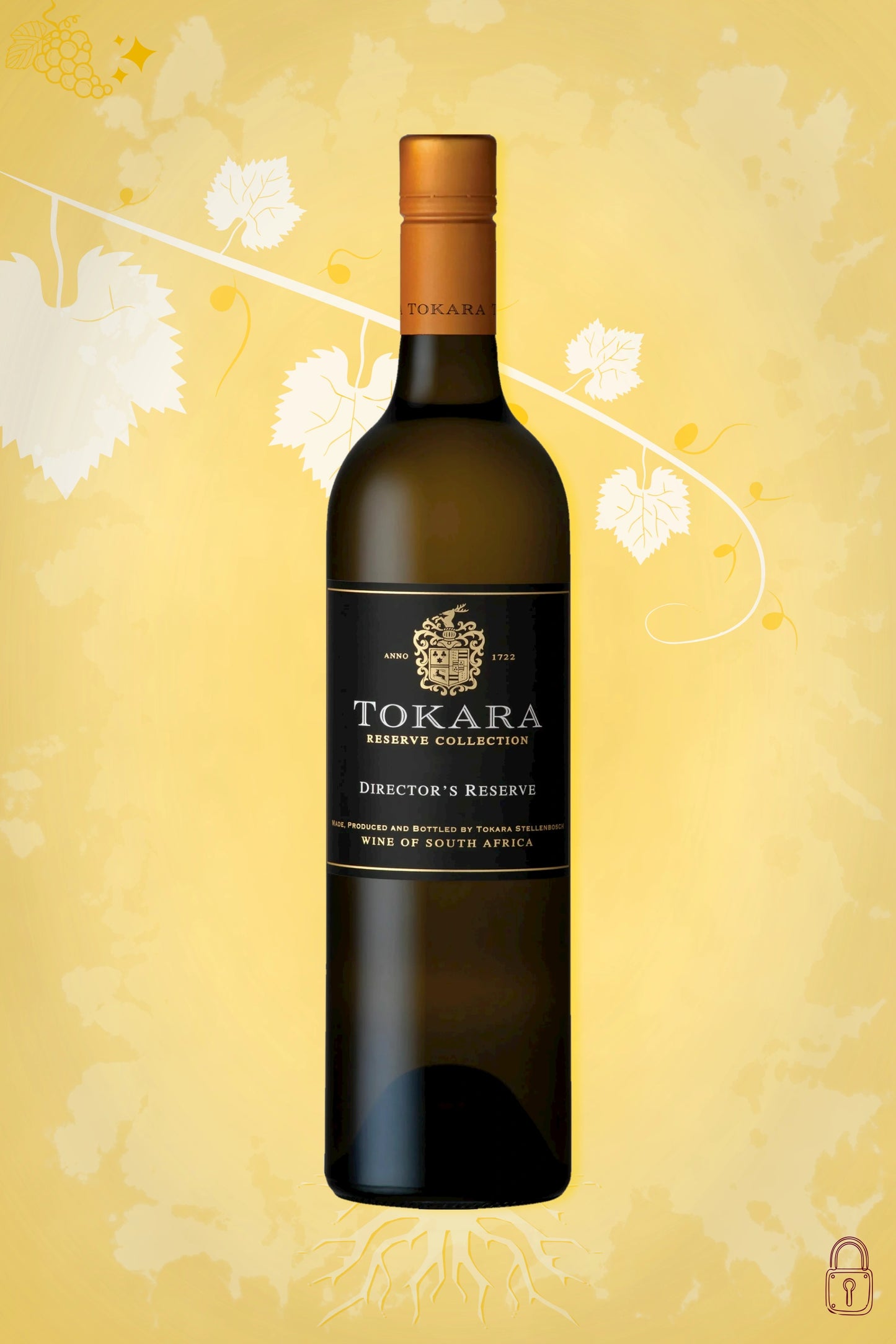 Tokara Director’s Reserve White 2020 tegen gouden achtergrond – premium witte wijn