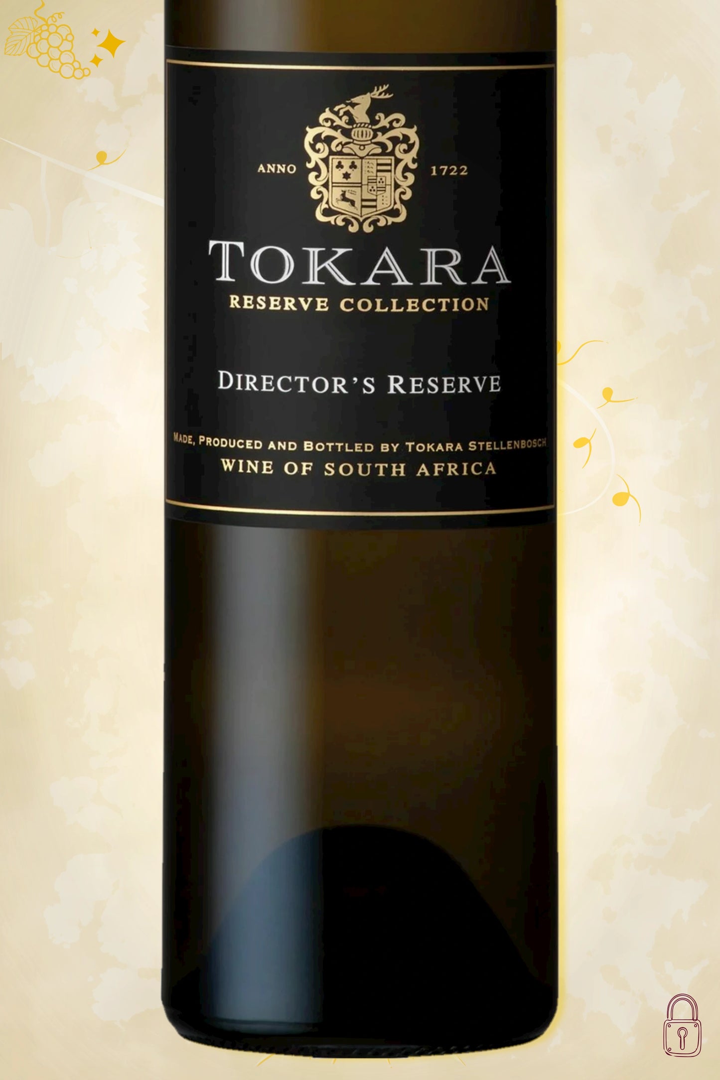 Close-up label Tokara Director’s Reserve White 2020 – Tokara logo en vintage details zichtbaar
