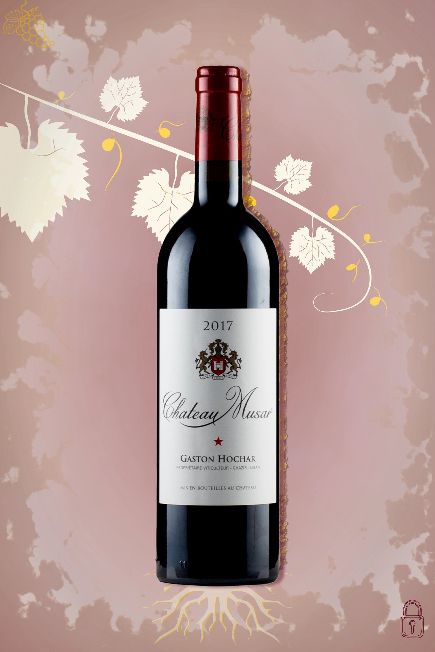 Château Musar Red 2017 tegen bordeaux achtergrond – premium biologische rode wijn