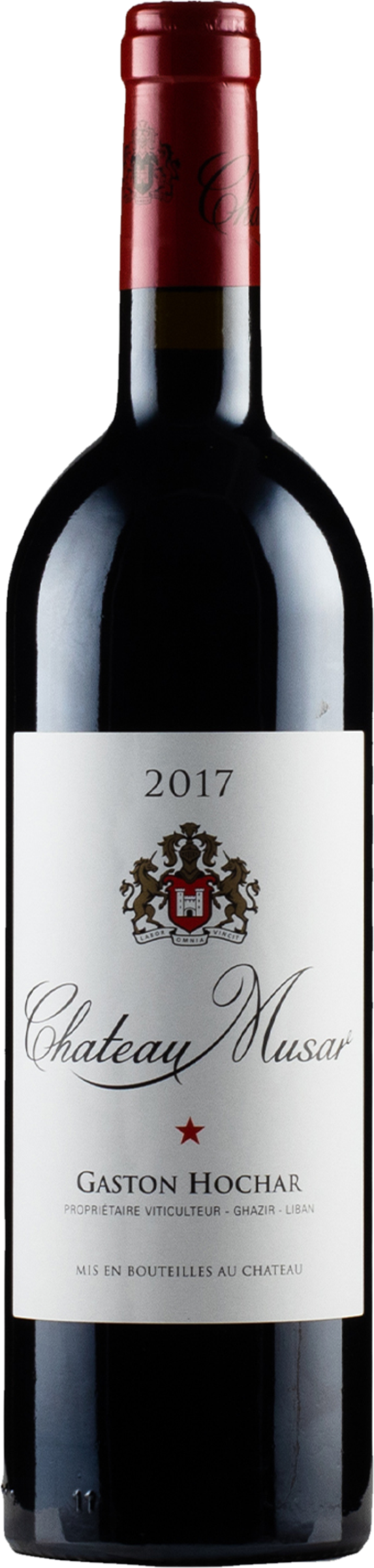 Château Musar Red 2017 tegen bordeaux achtergrond – premium biologische rode wijn
