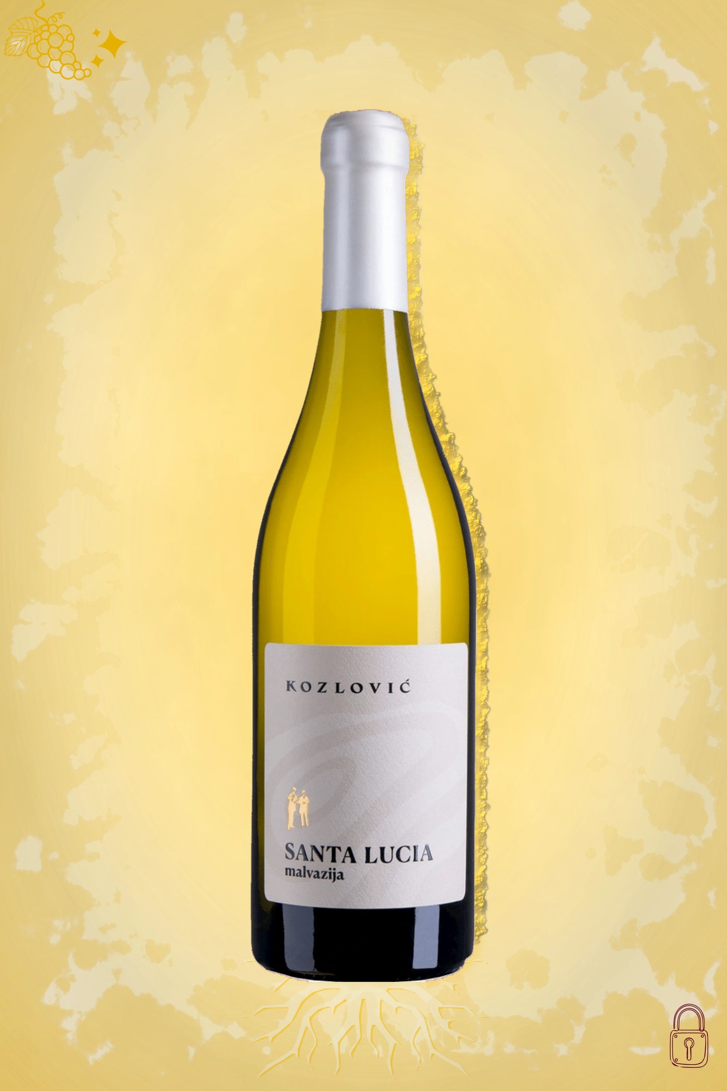 Kozlović Santa Lucia Malvazija 2018 tegen gouden achtergrond – premium witte wijn