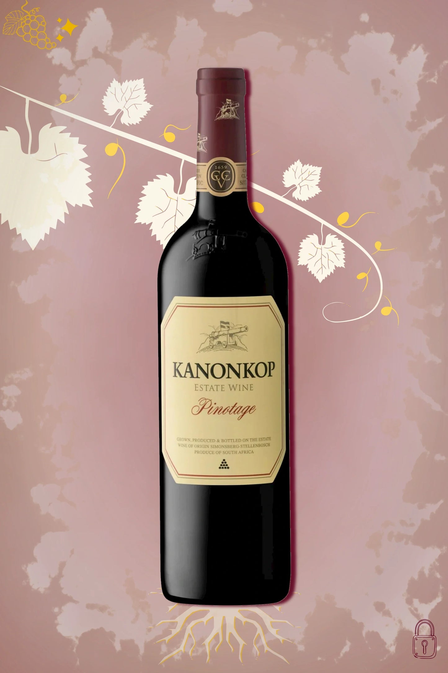Fles Kanonkop Pinotage 2020 uit Zuid-Afrika tegen bordeauxrode achtergrond.