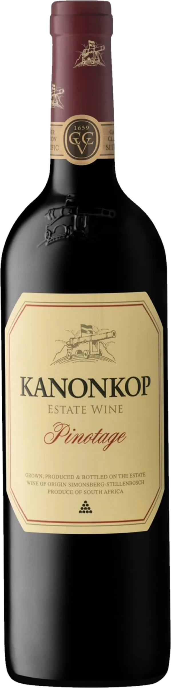 Kanonkop Pinotage 2020 op bordeaux achtergrond – volle rode wijn