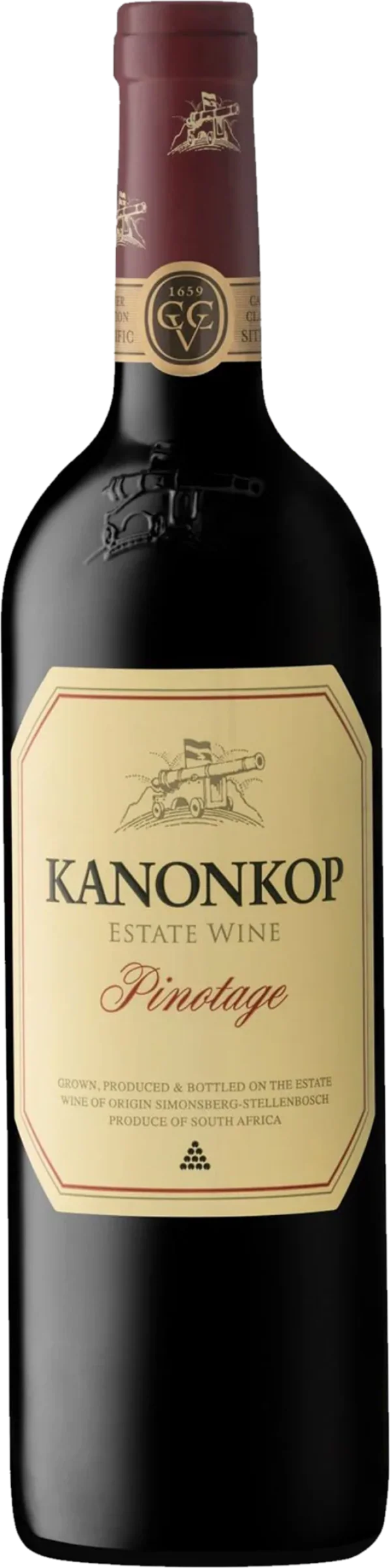 Kanonkop Pinotage 2020 op bordeaux achtergrond – volle rode wijn