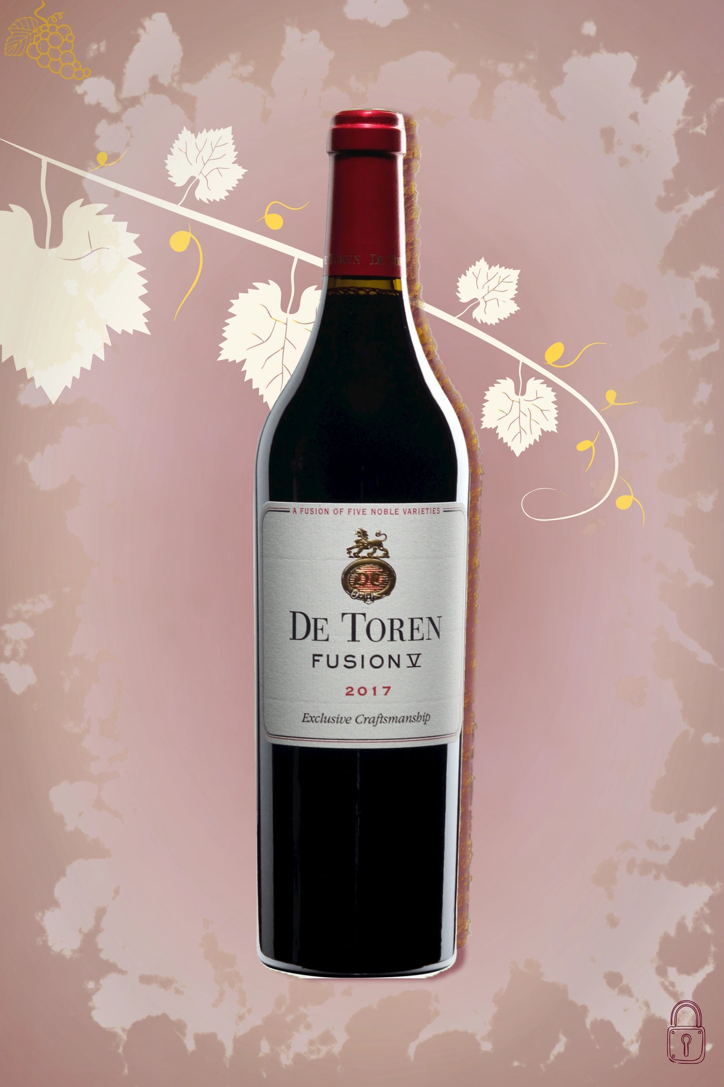 De Toren Fusion V 2017 tegen bordeaux achtergrond – premium rode wijn