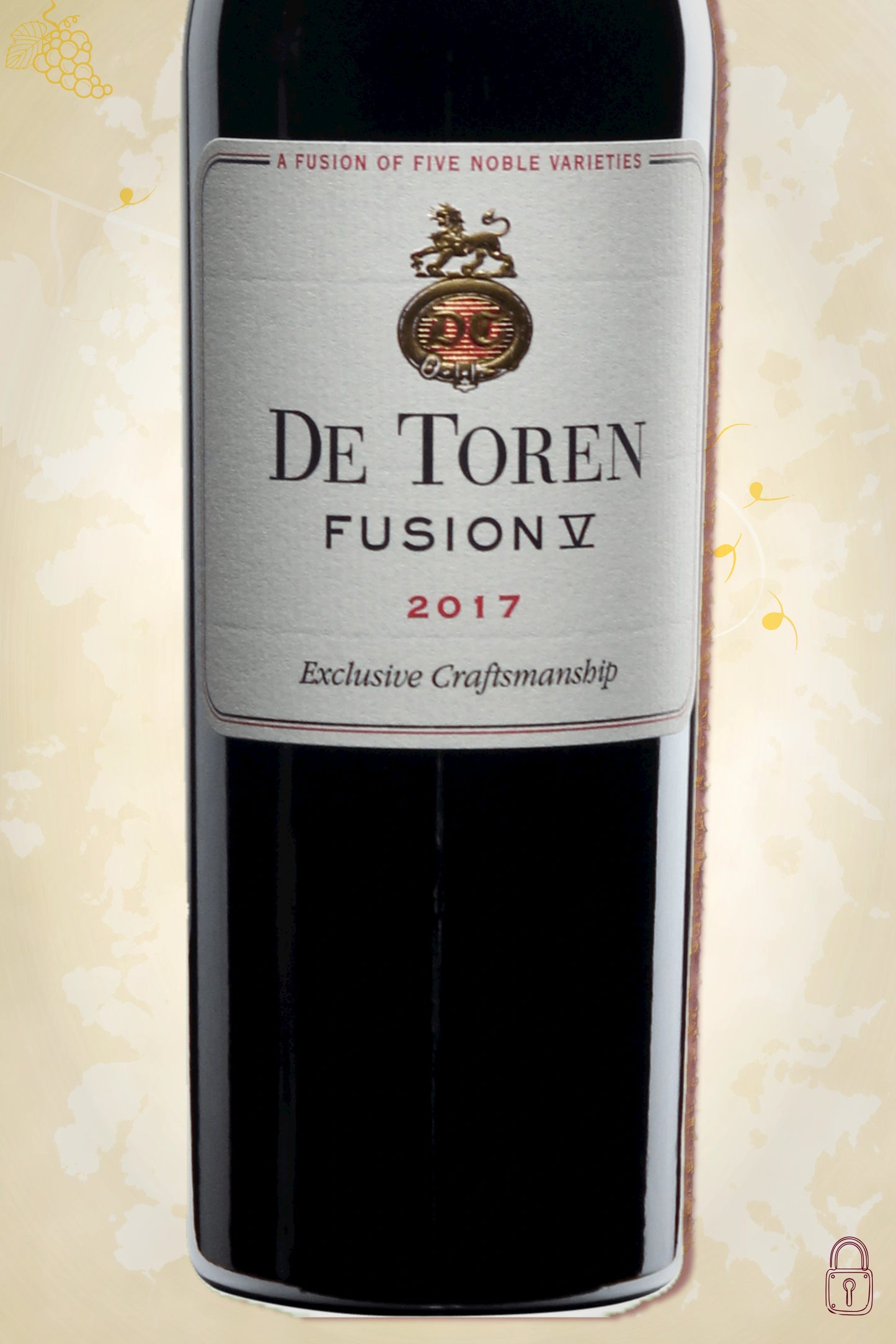 Close-up label De Toren Fusion V 2017 – logo en vintage details zichtbaar