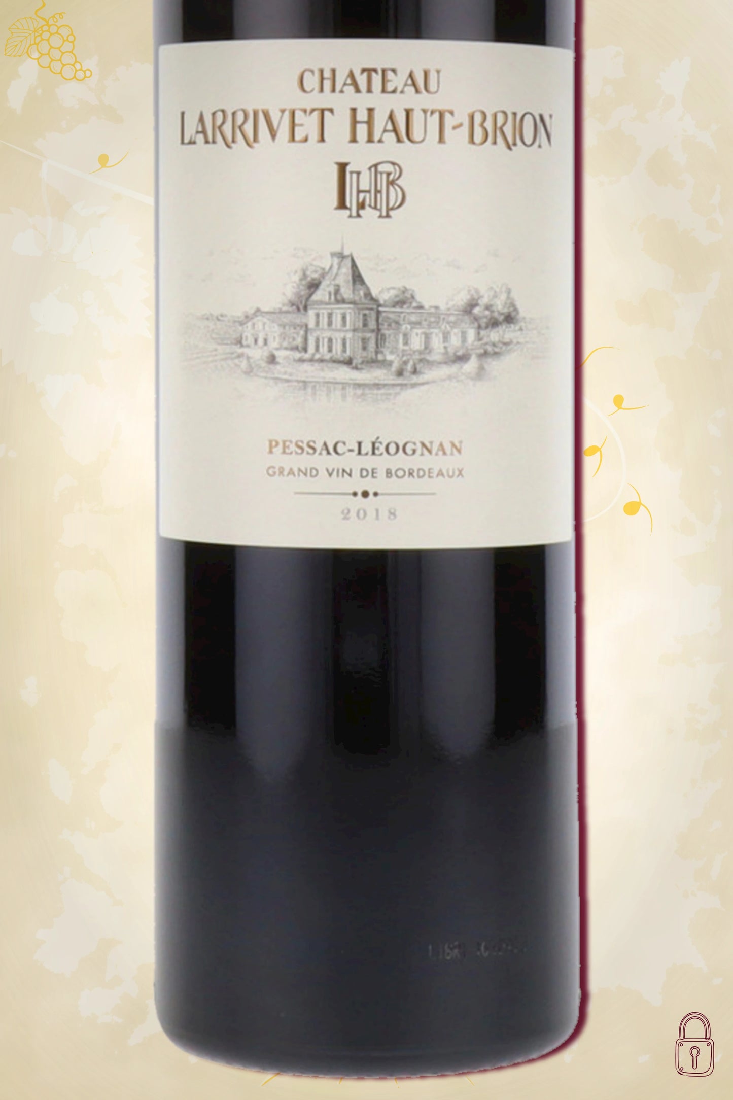 Close-up label Château Larrivet Haut-Brion 2018 – vintage en châteaudetails zichtbaar