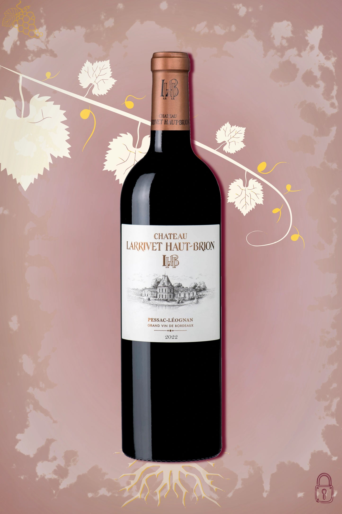 Château Larrivet Haut-Brion 2022 tegen bordeaux achtergrond – premium rode wijn