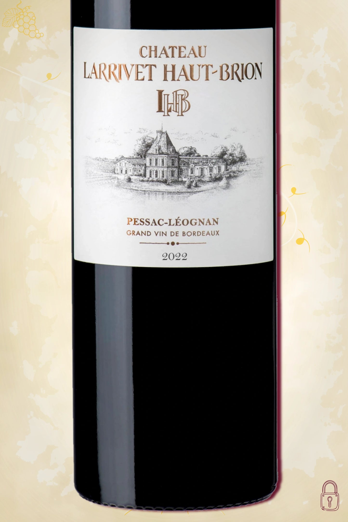 Close-up label Château Larrivet Haut-Brion 2022 – elegante typografie en vintage details