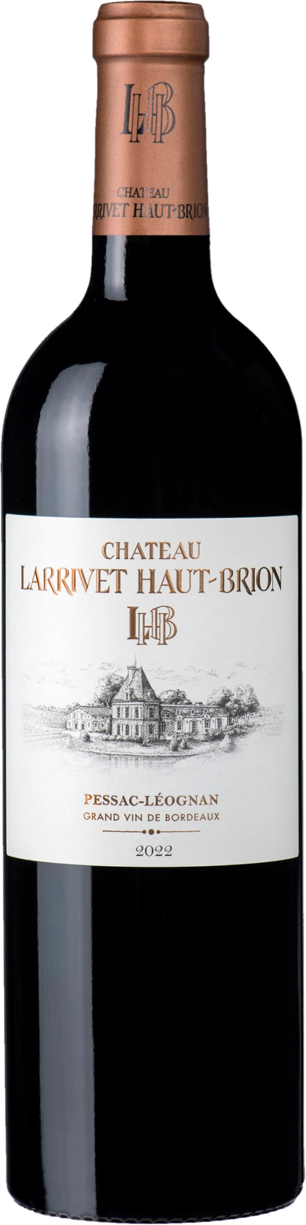 Château Larrivet Haut-Brion 2022 tegen bordeaux achtergrond – premium rode wijn