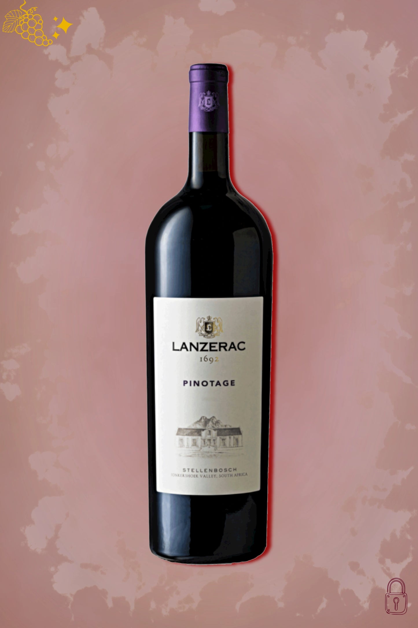 Lanzerac Pinotage Magnum 2019 tegen bordeaux achtergrond – premium rode wijn