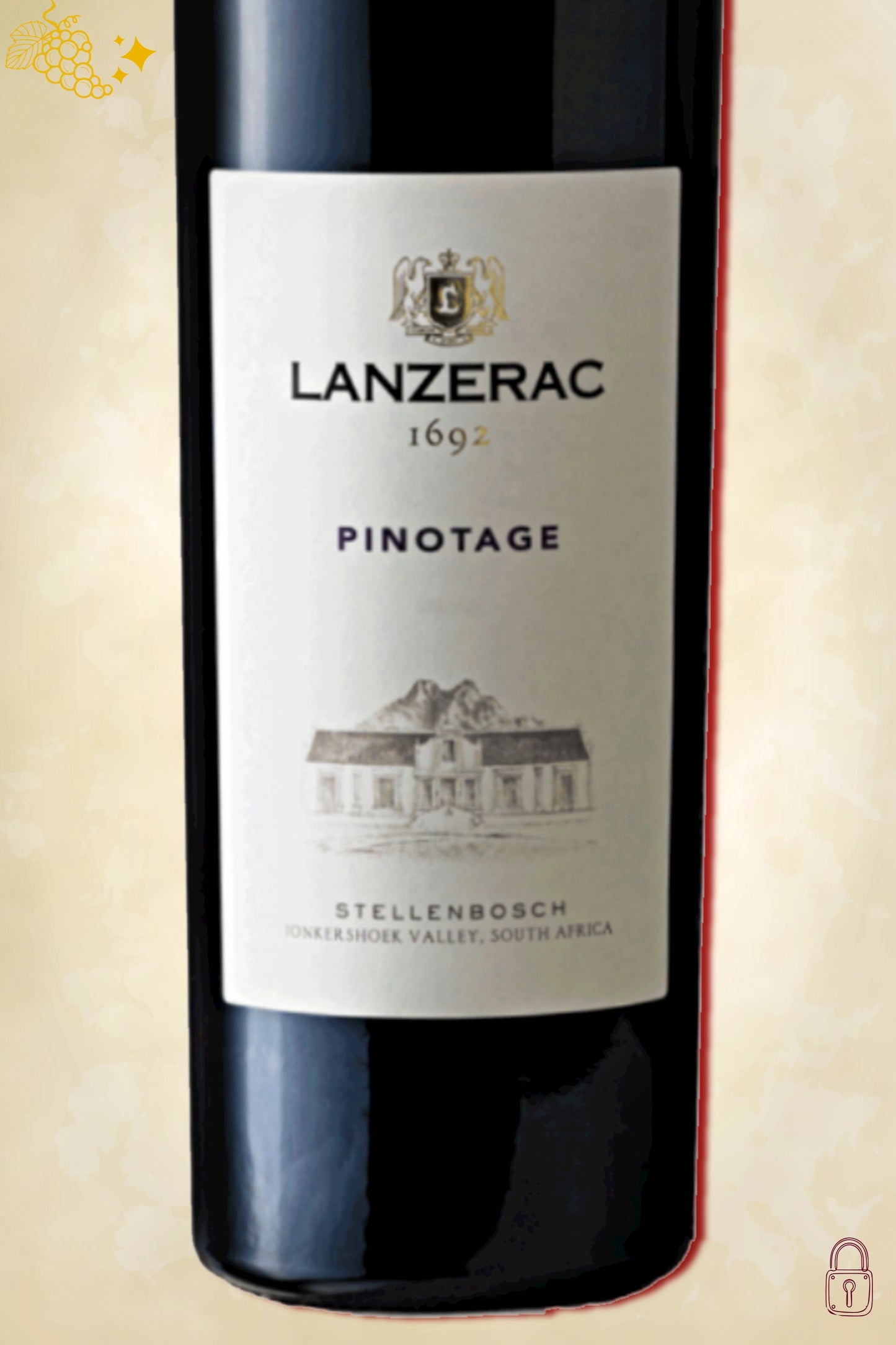 Close-up label Lanzerac Pinotage Magnum 2019 – logo en vintage details