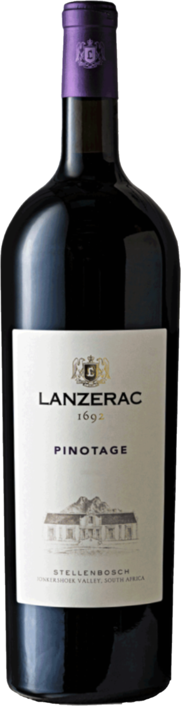 Lanzerac Pinotage Magnum 2019 tegen bordeaux achtergrond – premium rode wijn