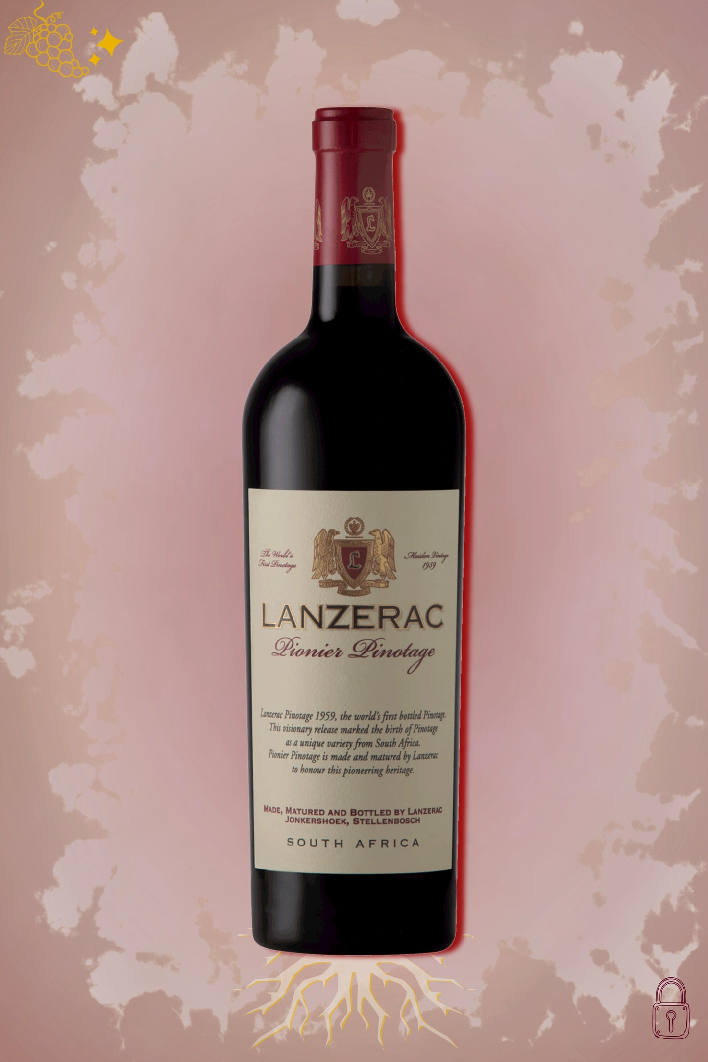 Lanzerac Pionier Pinotage 2020 tegen bordeaux achtergrond – premium rode wijn
