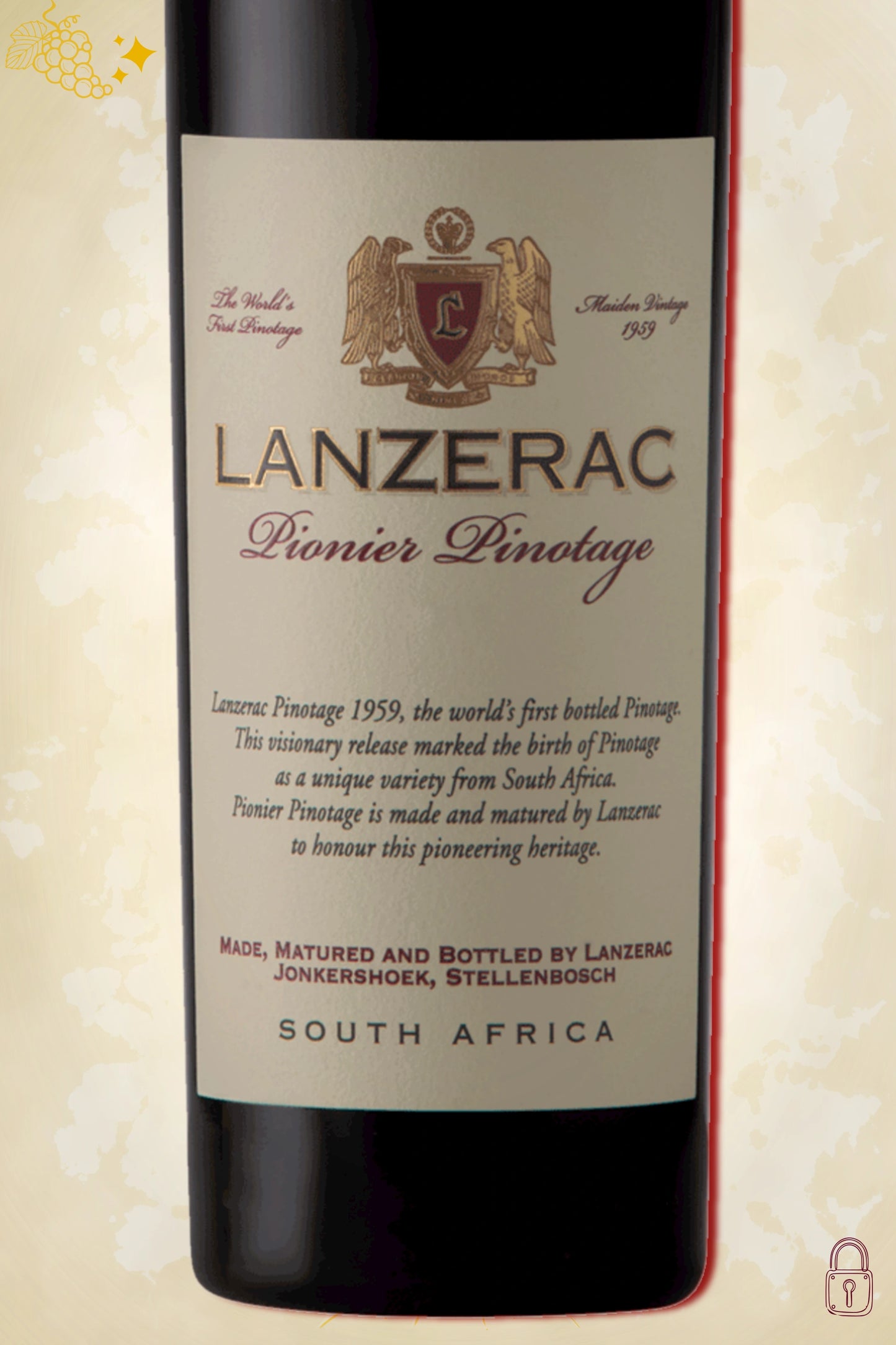 Close-up label Lanzerac Pionier Pinotage 2020 – vintage details en logo zichtbaar