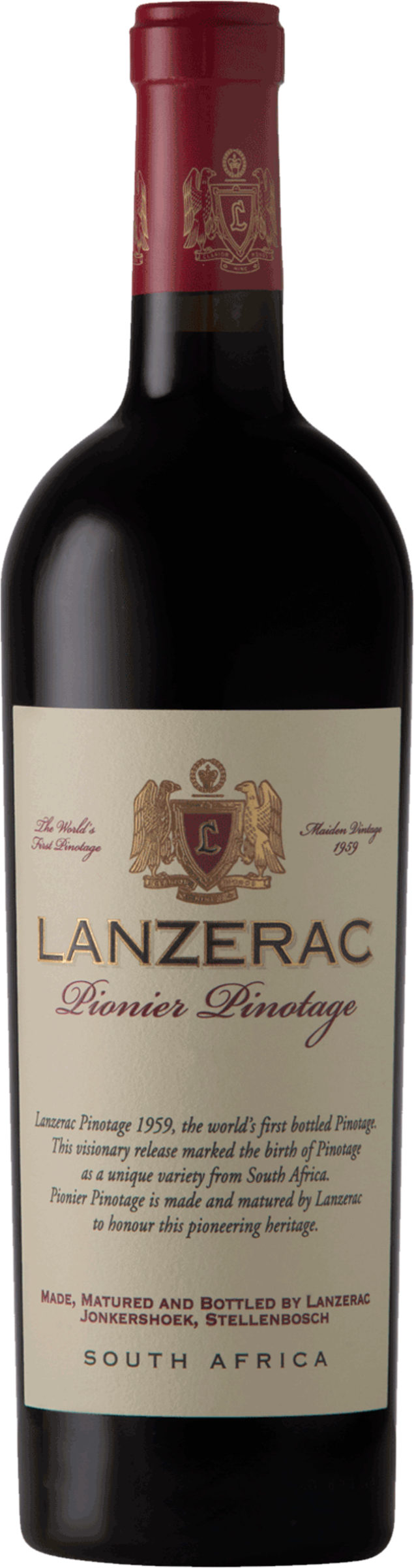 Lanzerac Pionier Pinotage 2020 tegen bordeaux achtergrond – premium rode wijn
