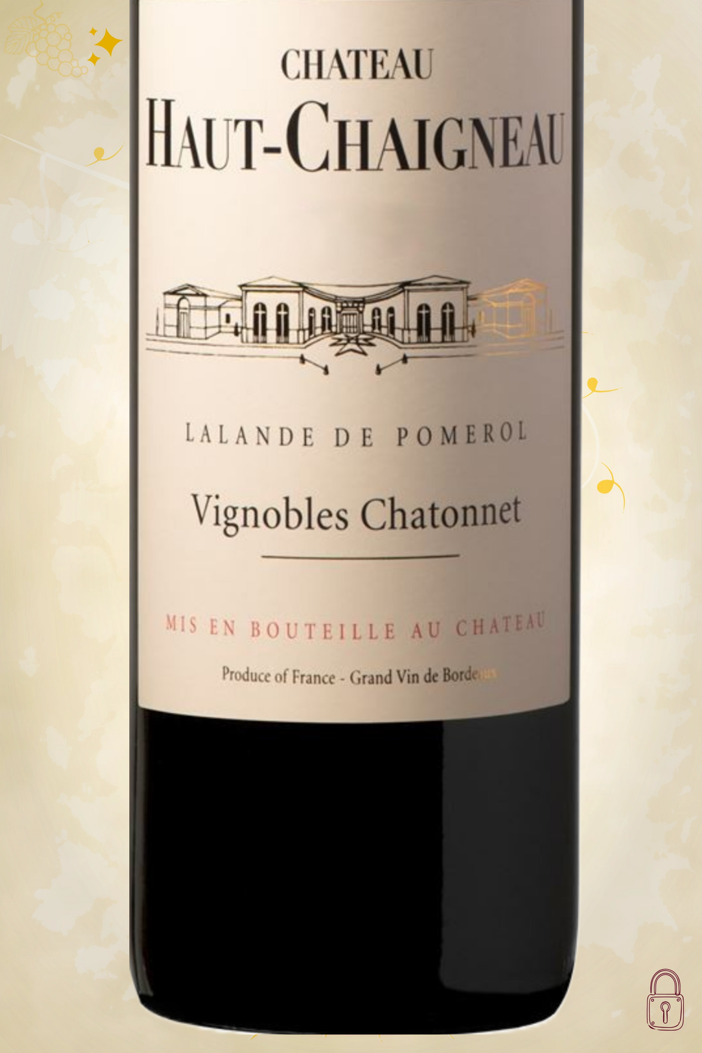 Close-up label Château Haut-Chaigneau 2014 – vintage en château details zichtbaar