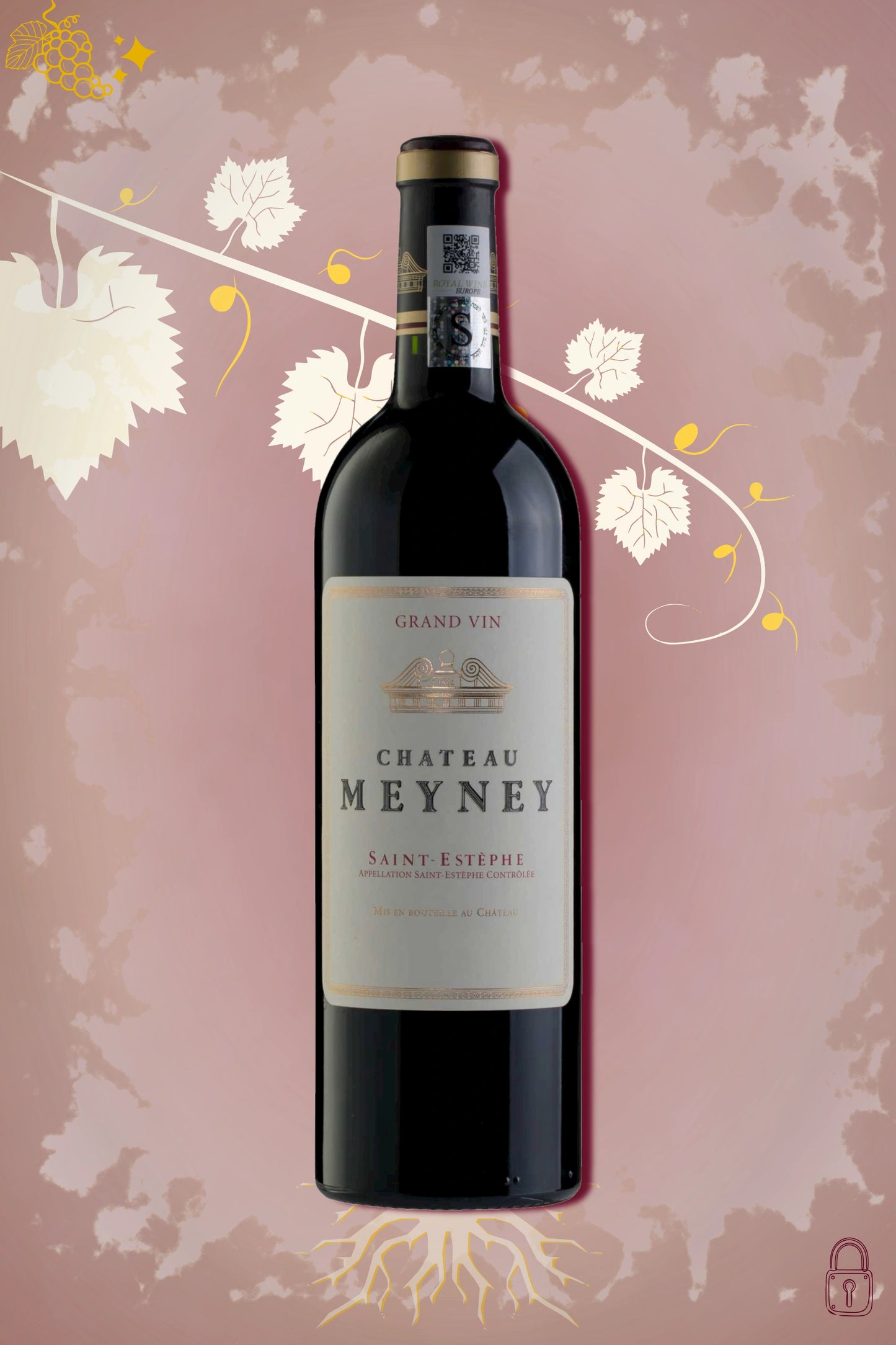 Château Meyney Saint-Estèphe 2018 tegen bordeaux achtergrond – klassieke rode wijn