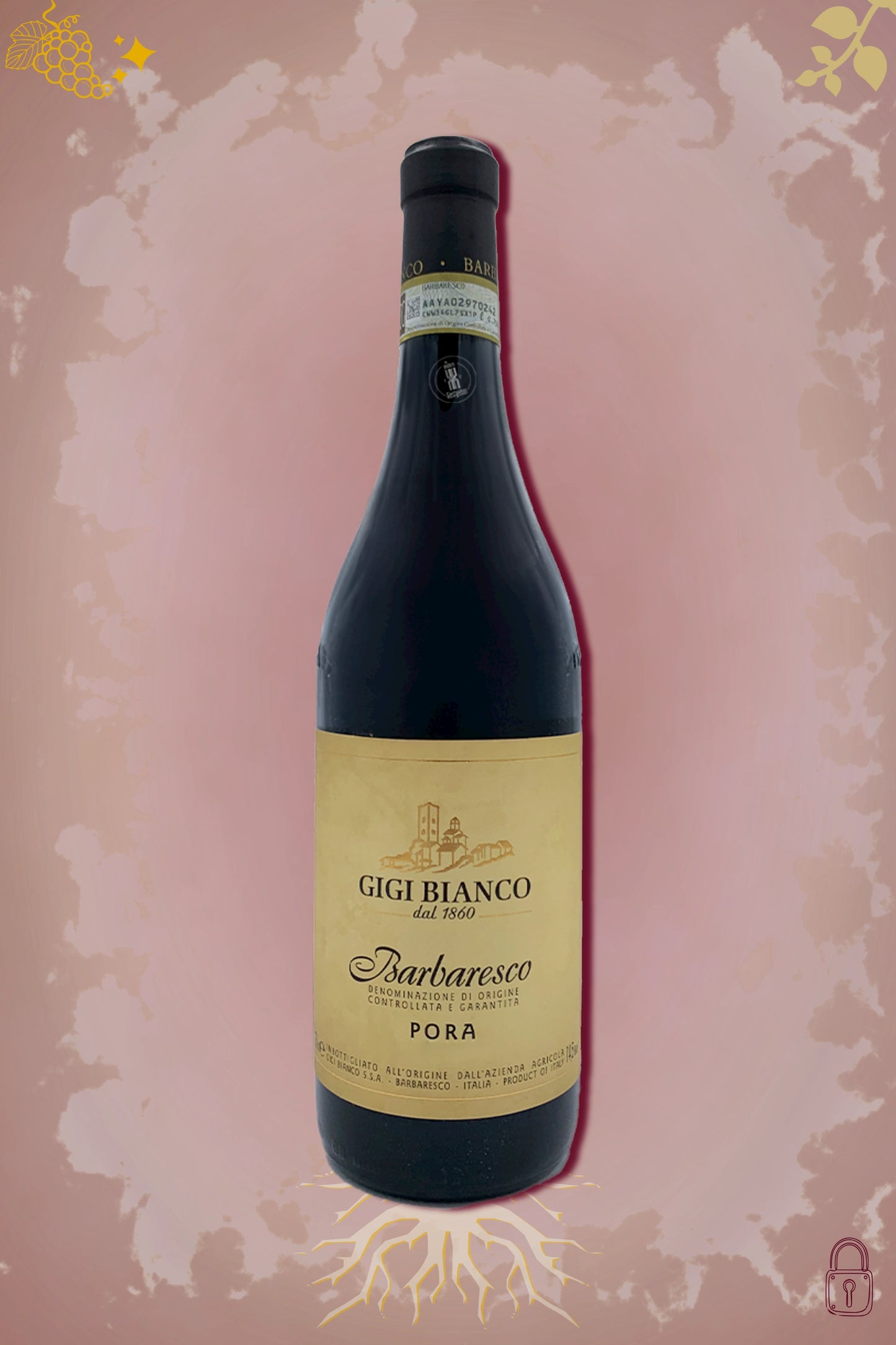 Fles Gigi Bianco Barbaresco Pora 2014, Nebbiolo uit Piemonte, tegen bordeauxrode achtergrond.