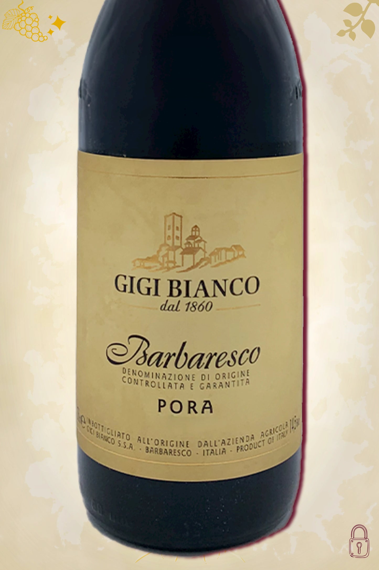 Close-up label Gigi Bianco Barbaresco Pora 2014 – vintage details en logo zichtbaar