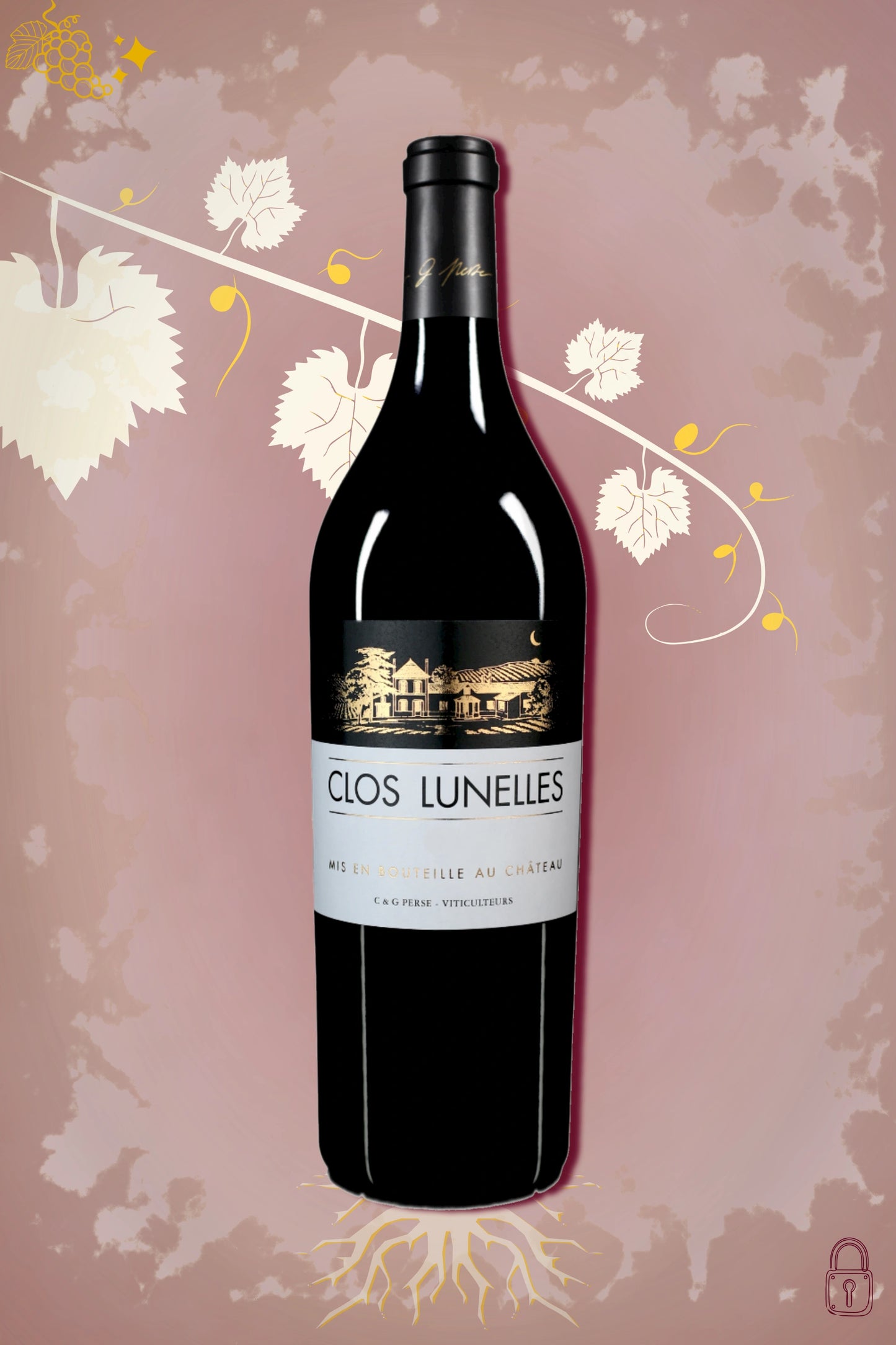 Clos Lunelles 2016 tegen bordeaux achtergrond – krachtige premium rode wijn