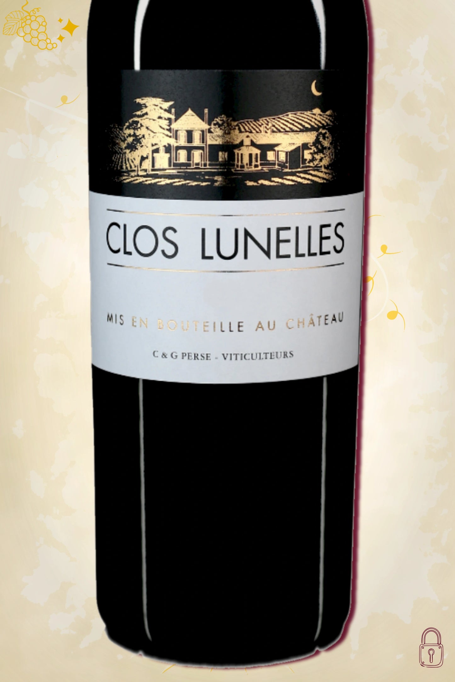 Close-up label Clos Lunelles 2016 – Famille Perse logo en vintage details