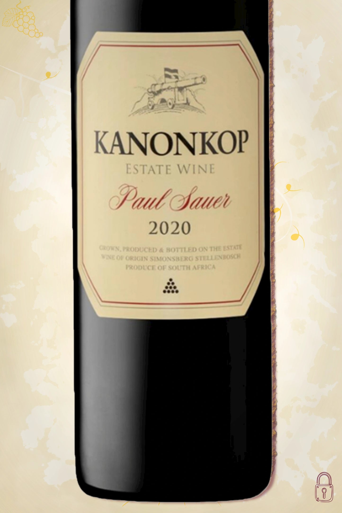 Close-up label Kanonkop Paul Sauer 2020 – logo en vintage details zichtbaar