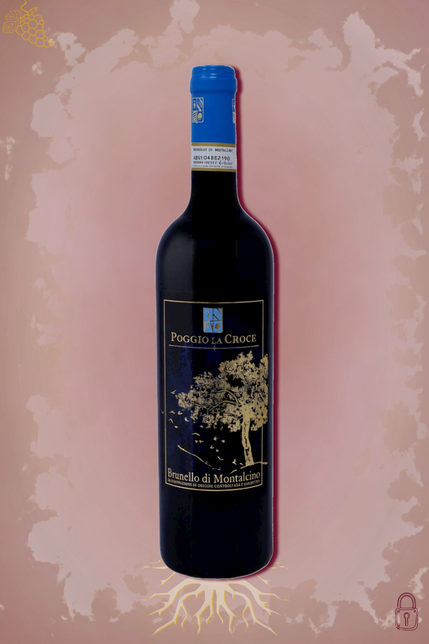 Fles Poggio la Croce Brunello di Montalcino 2018, Italiaanse Sangiovese-rode wijn uit Toscane, op bordeauxrode achtergrond.
