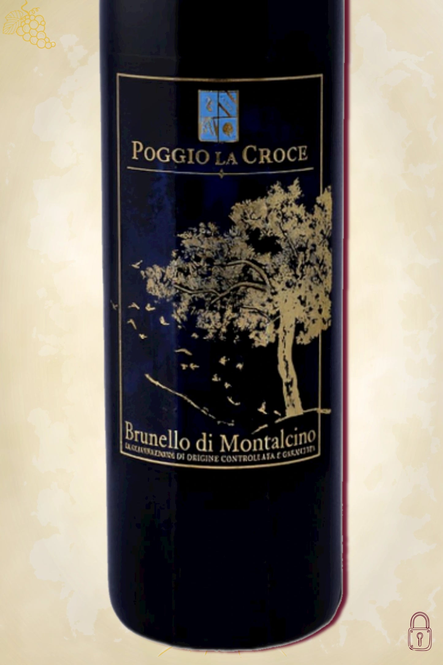 Close-up label Poggio la Croce Brunello di Montalcino 2018 – logo en vintage details zichtbaar