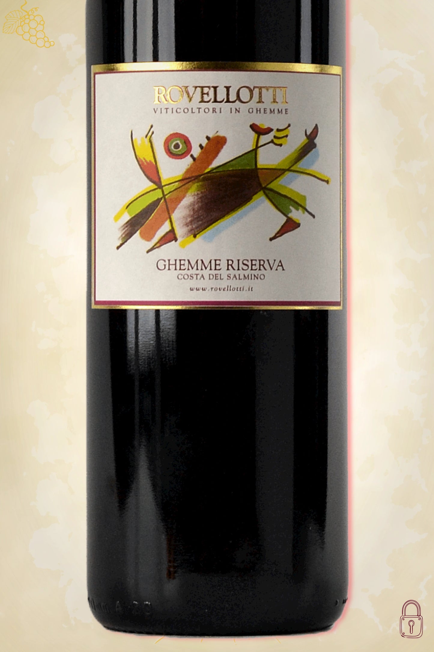 Close-up label Rovellotti Costa del Salmino Riserva 2017 – Rovellotti logo en vintage details