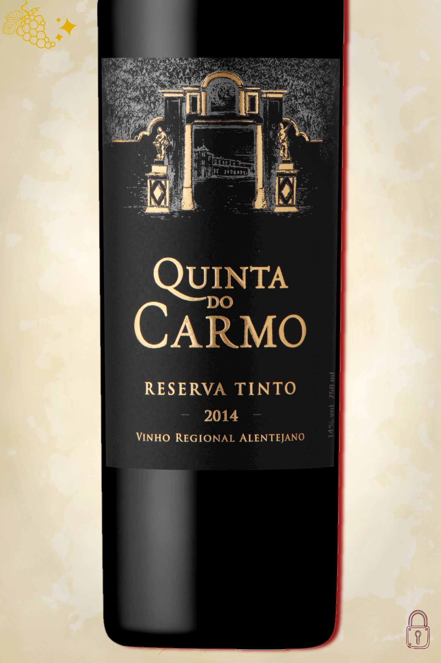 Close-up label Bacalhôa Quinta do Carmo Reserva Tinto 2014 – logo en vintage details zichtbaar