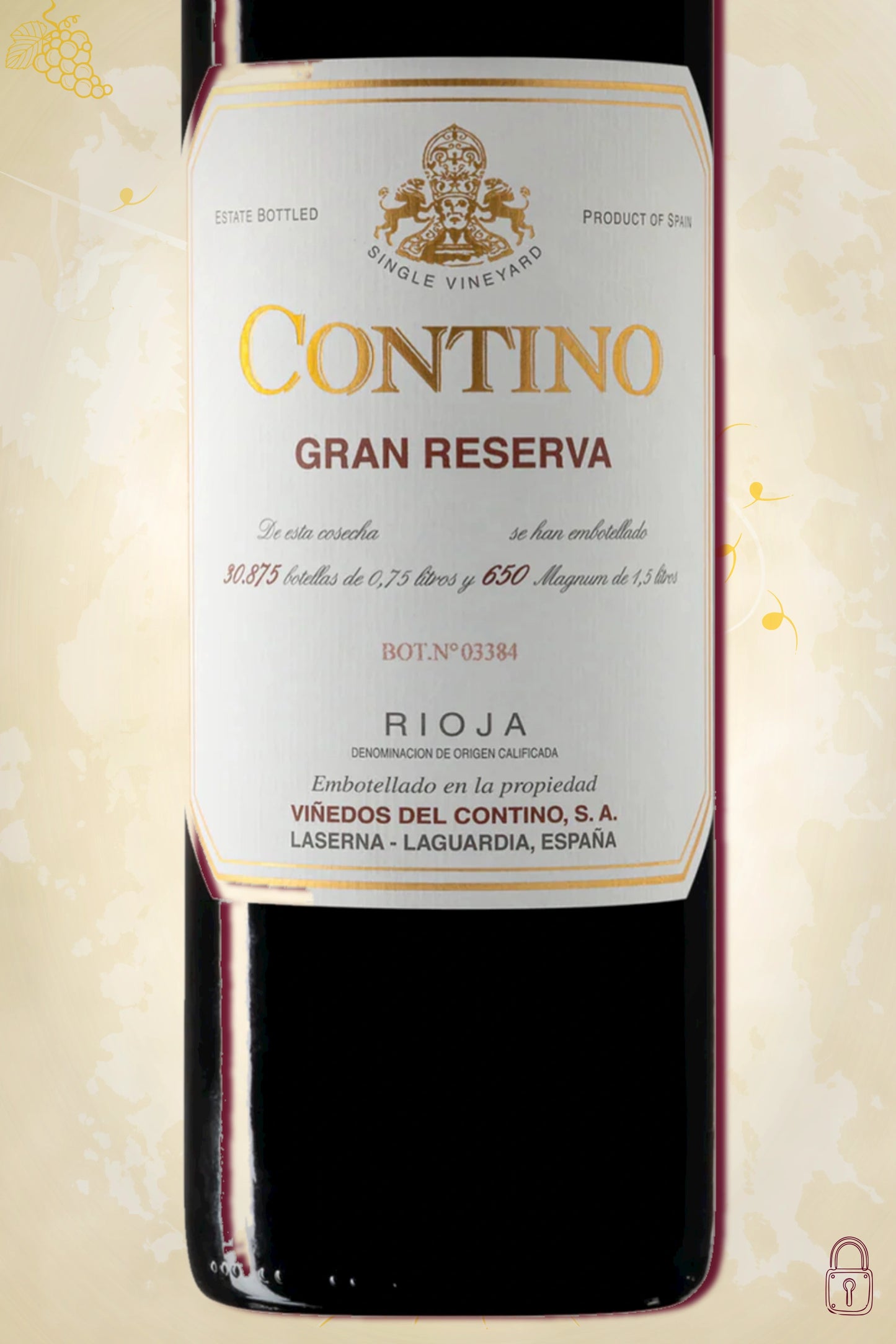 Close-up label Contino Rioja Gran Reserva 2017 – logo en vintage details zichtbaar