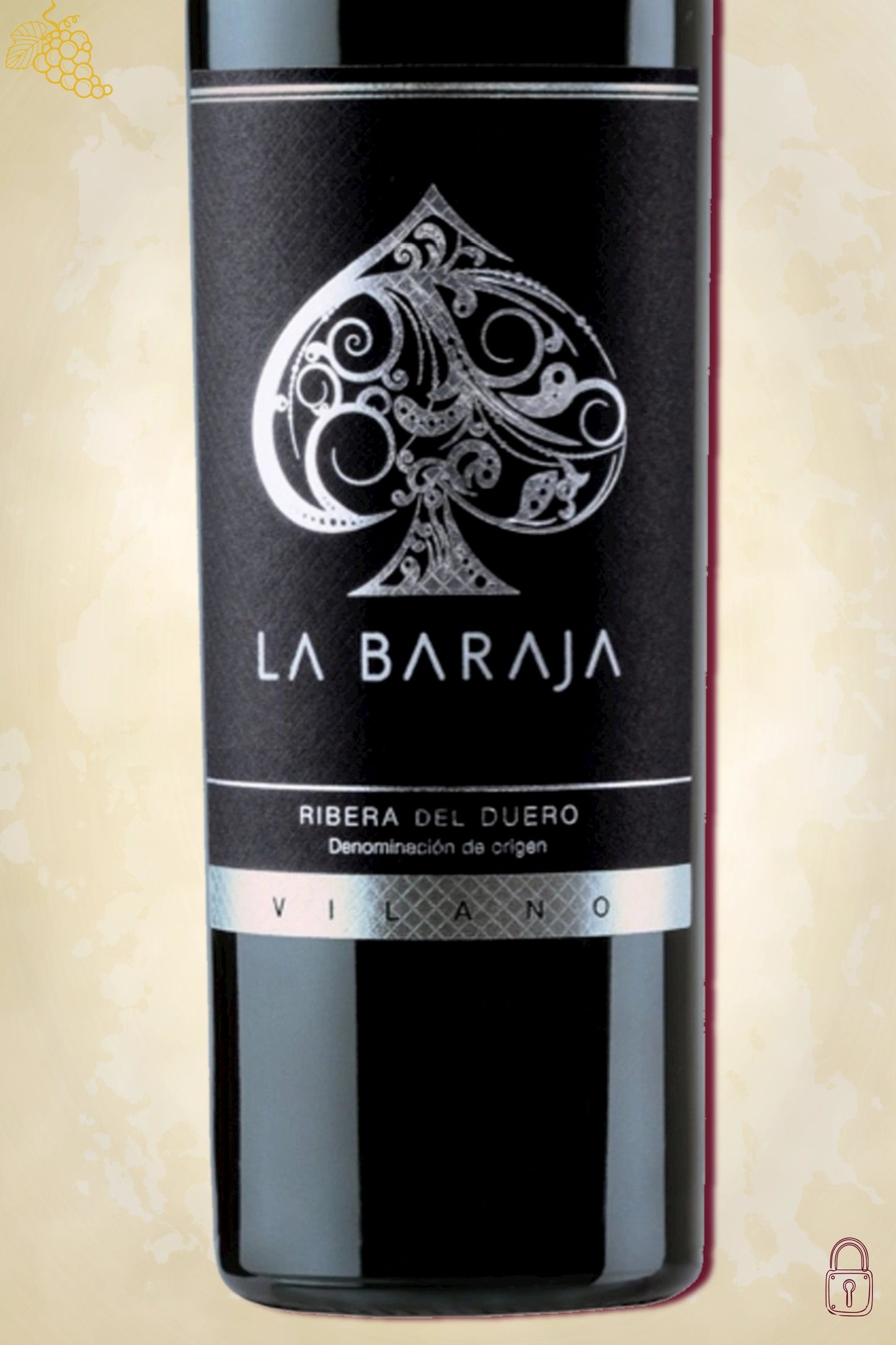 Close-up label Bodegas Vilano La Baraja 2016 – details en wijnhuislogo zichtbaar
