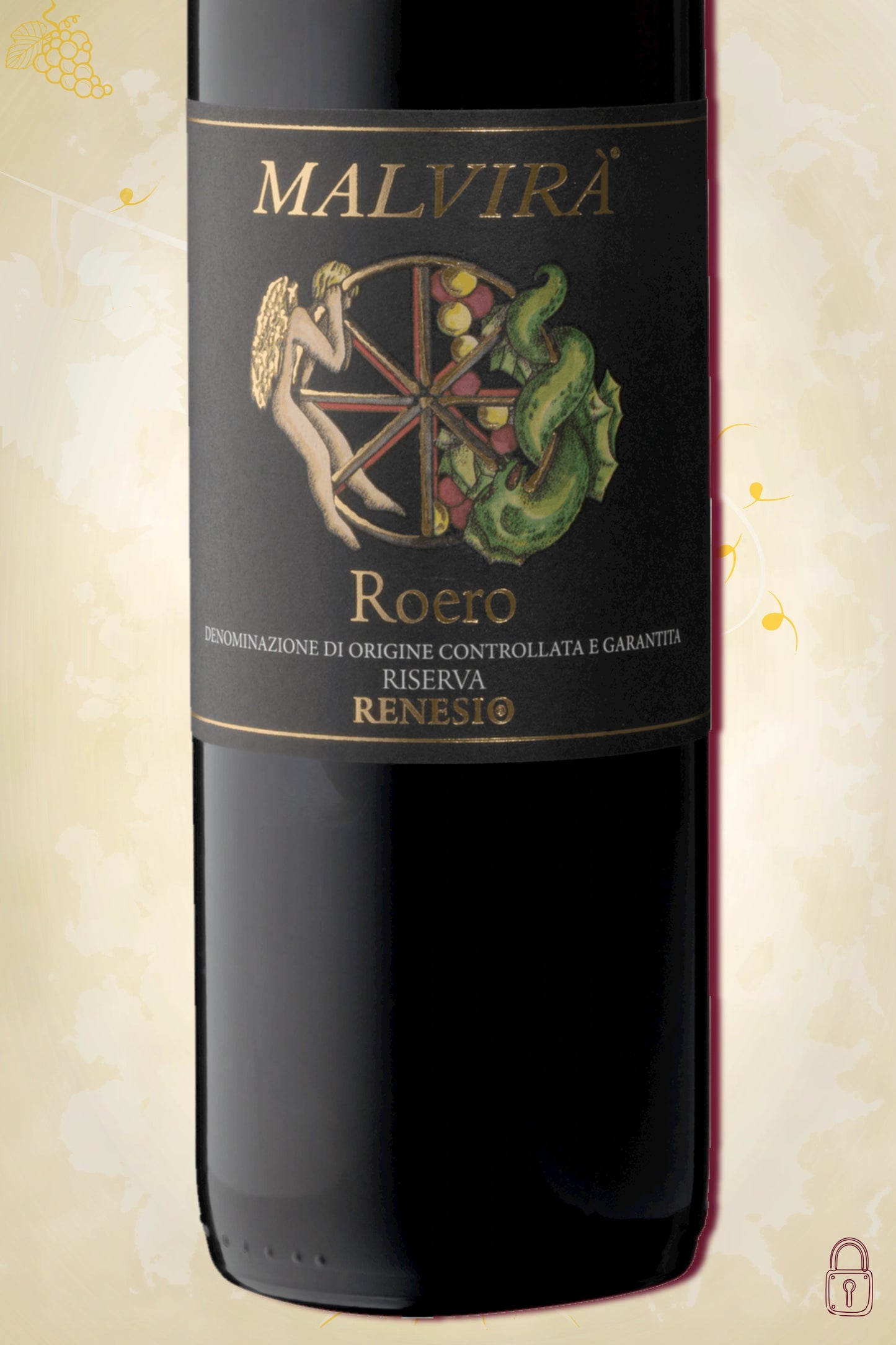 Close-up label Malvirà Roero DOCG Riserva Renesio 2016 – logo en vintage details zichtbaar