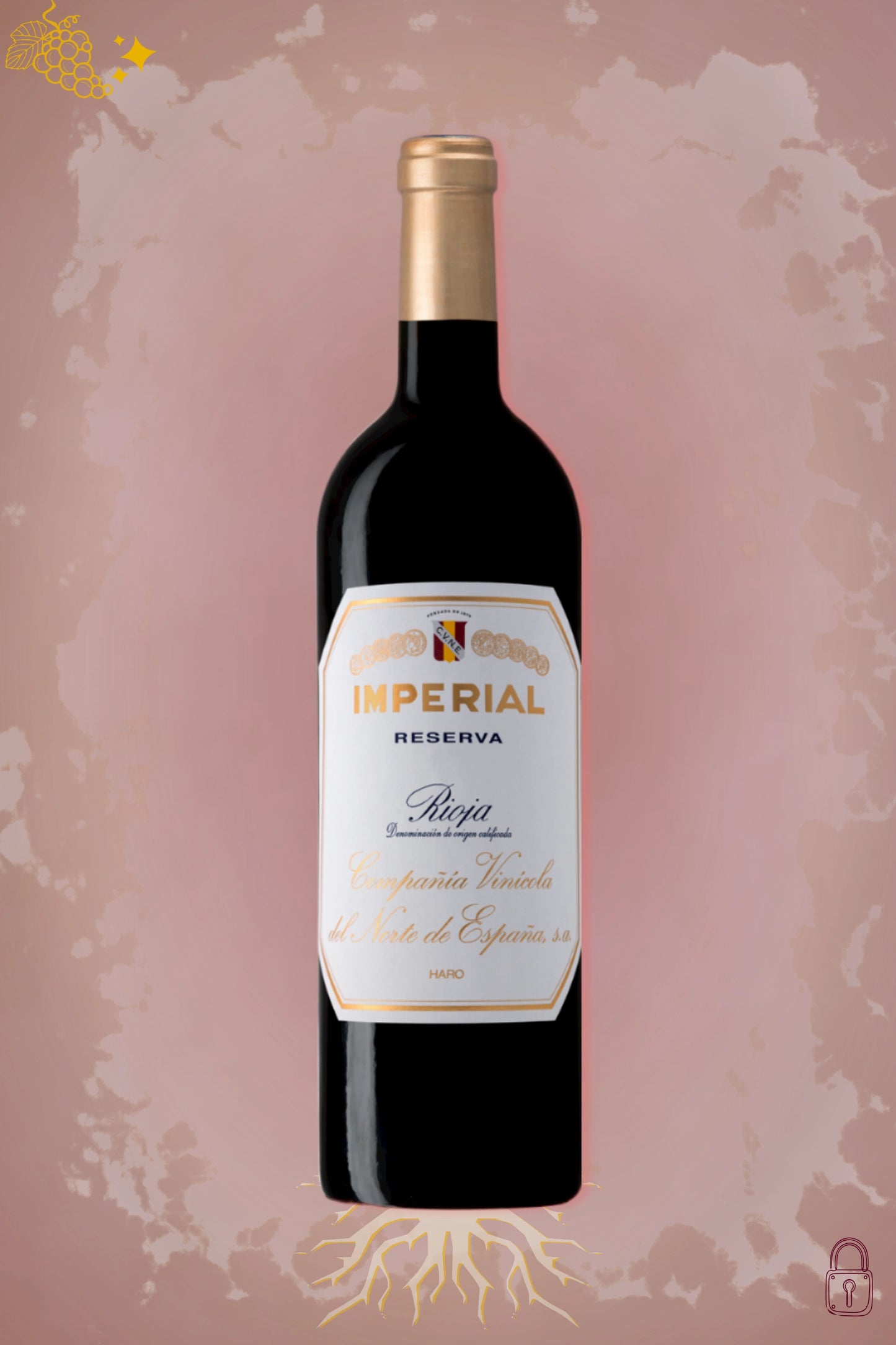 Fles Cune Imperial Reserva 2019, Rioja-wijn, tegen een bordeauxrode achtergrond.